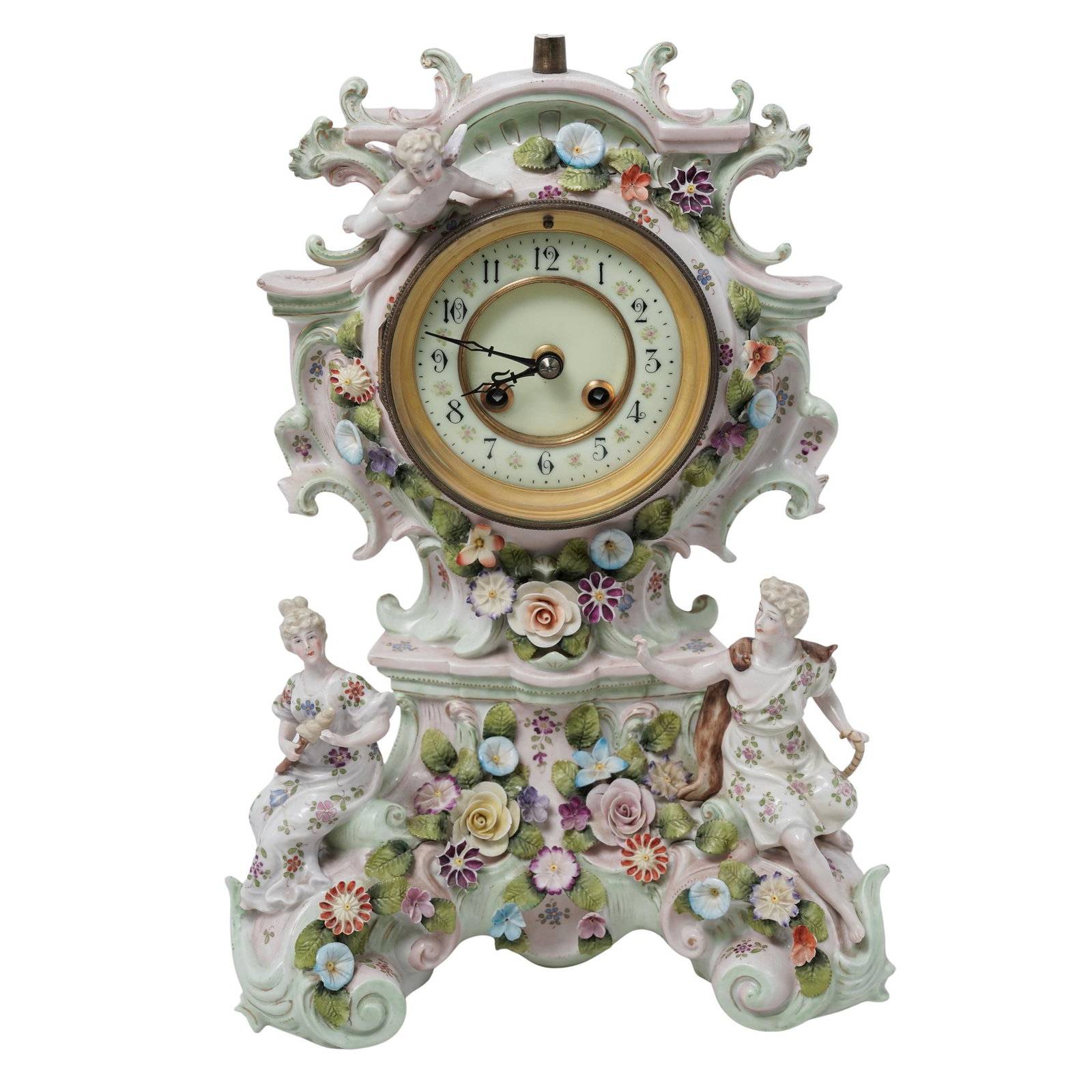 Dresden Porcelain Figural Large Rococo Mantel clock: Dresden Porcelain Figural Large Rococo Mantel clock19th century, GermanyThe clock, in Rococo revival style, featuring ornate scrollwork, applied flowers, a cherub at the top , and two seated figures a