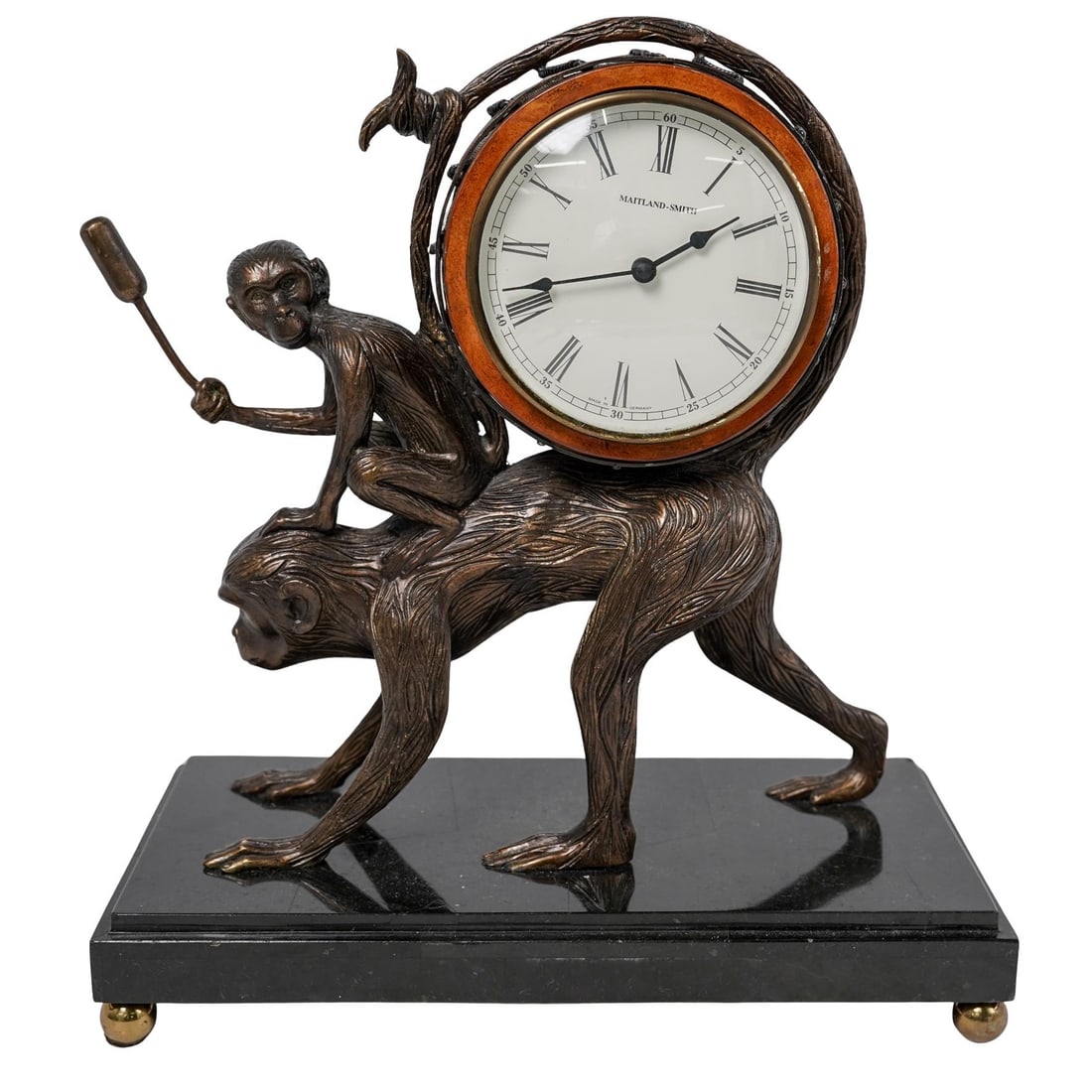 Maitland Smith Chinoiserie Monkey Bronze Mantel Clock: Maitland Smith Chinoiserie Monkey Bronze Mantel ClockLate 20th-early 21st century, PhilippinesMaitland Smith monkey clock, a decorative mantel or table clock featuring a bronze sculpture of two monkey