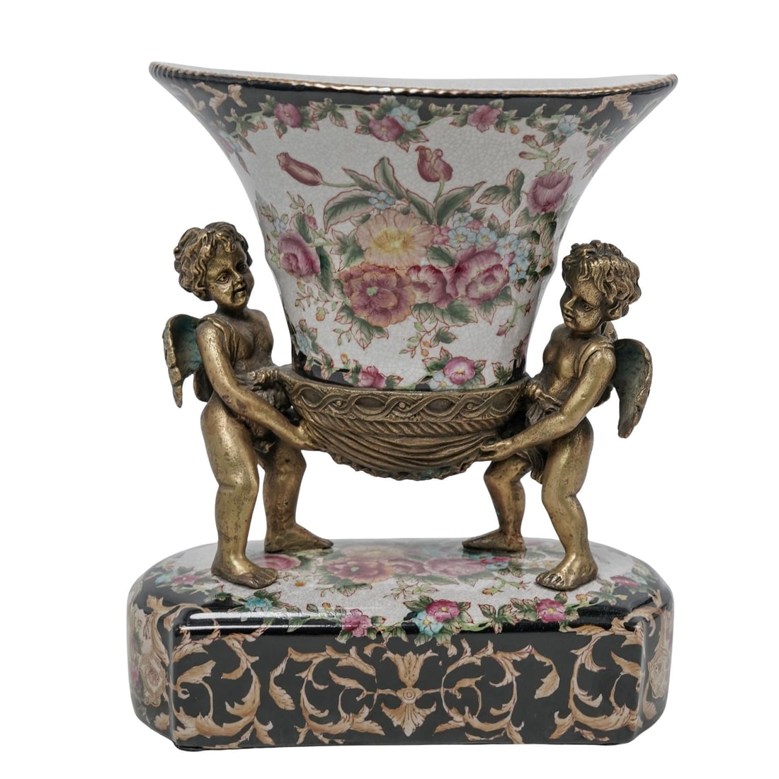 Wong Lee Chinese Floral Cherubs Porcelain & Bronze Vase (1 of 8)