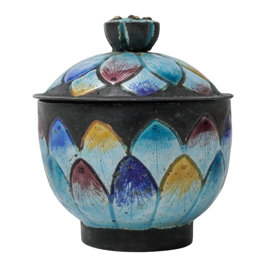 Chinese Enameled Sterling Silver Lotus Trinket Box: Chinese Enameled Sterling Silver Lotus Trinket BoxEarly to Mid 20th c., ChinaChinese sterling silver trinket box decorated with individual enamel-filled petals mimicking the shape of a lotus flower. T