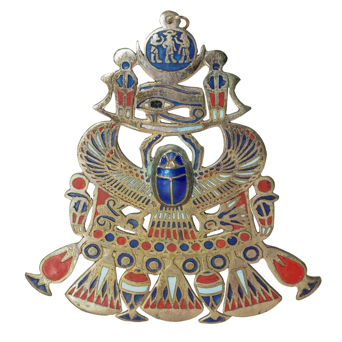 Vintage Egyptian Revival Enameled Scarab Pendant: Vintage Egyptian Revival Enameled Scarab Pendant20th centuryEgyptian Revival winged scarab pendant or pectoral necklace, which is a replica or interpretation of ancient Egyptian jewelry, constructed f