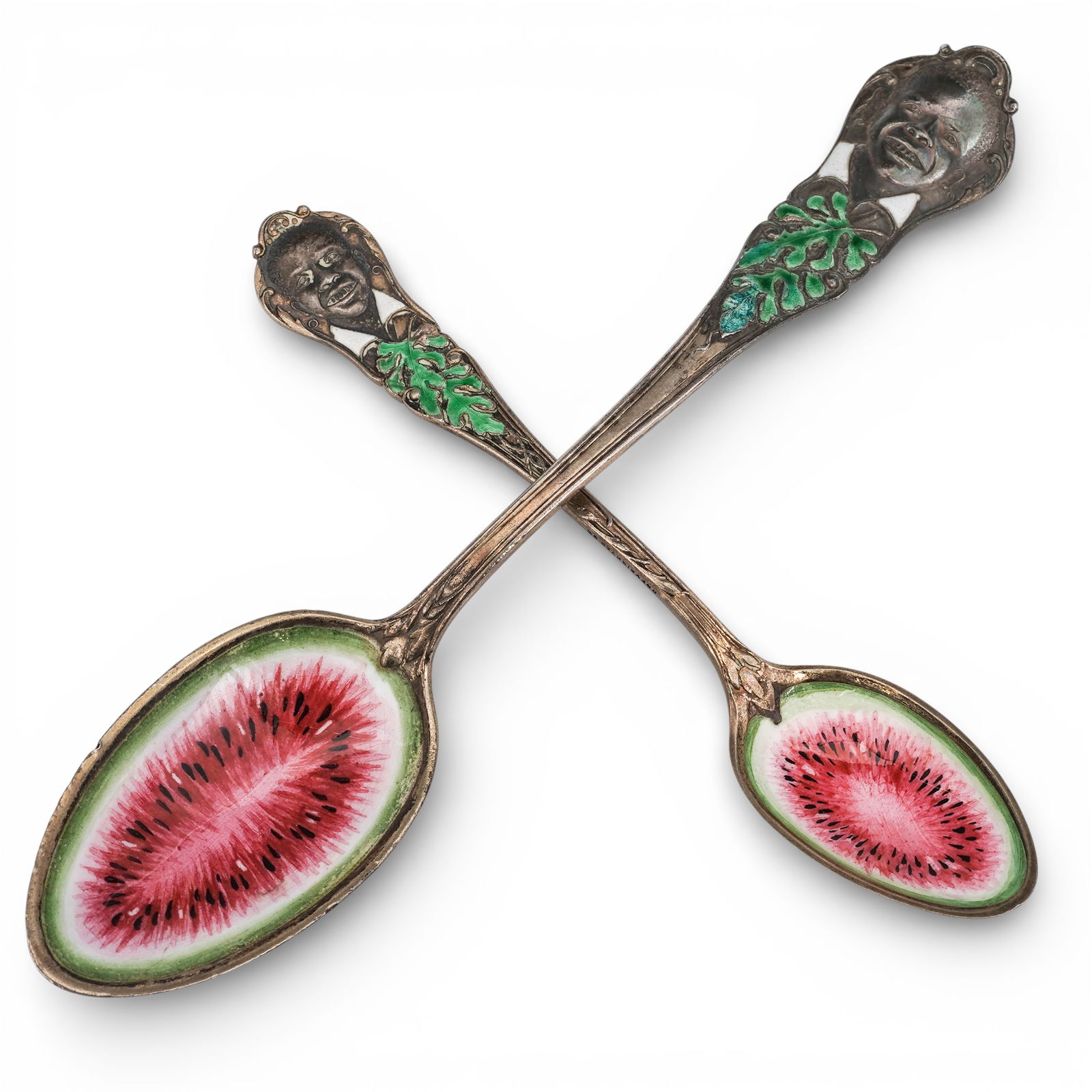 (2 pcs) Antique Sterling Silver Gorham Black Americana Spoons: (2 pcs) Antique Sterling Silver Gorham Black Americana Spoons1895, AmericanRare antique Gorham silver spoons with enameled Black Americana handles and a watermelon bowl. Each marked with Gorham sterli