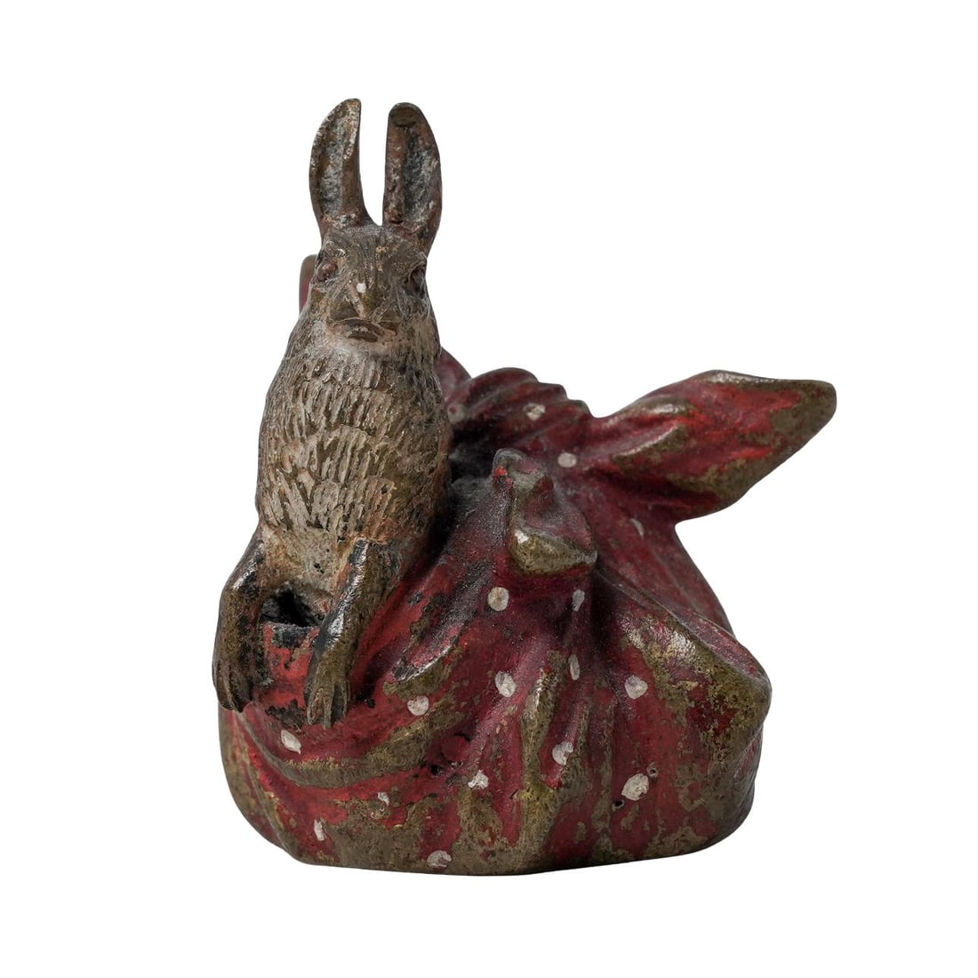 Antique Viennese Cold-Painted Bronze Rabbit Figurine: Antique Viennese Cold-Painted Bronze Rabbit FigurineLate 19th-Early 20th c., AustriaAntique cold-painted Viennese bronze rabbit in a cloth bundle.H: 2" W: 1.4" L: 1.5"