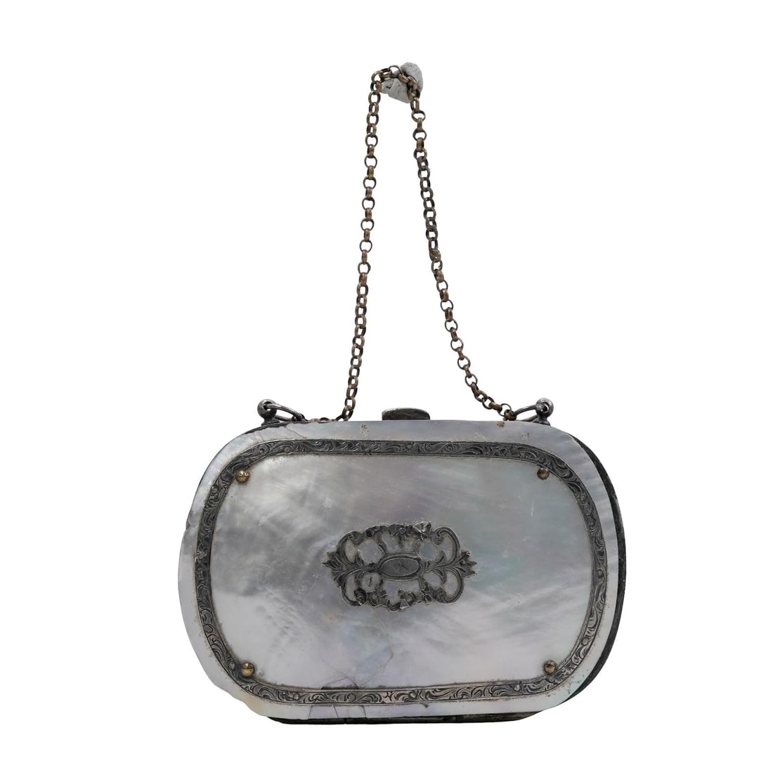 Victorian Mother of Pearl and Silver Plated Coin Purse: Victorian Mother of Pearl and Silver Plated Coin Purse Late 19th century, European Victorian silver plated and mother of pearl coin purse. Marked on rim of closure "PM". L 2.875" x W 2"