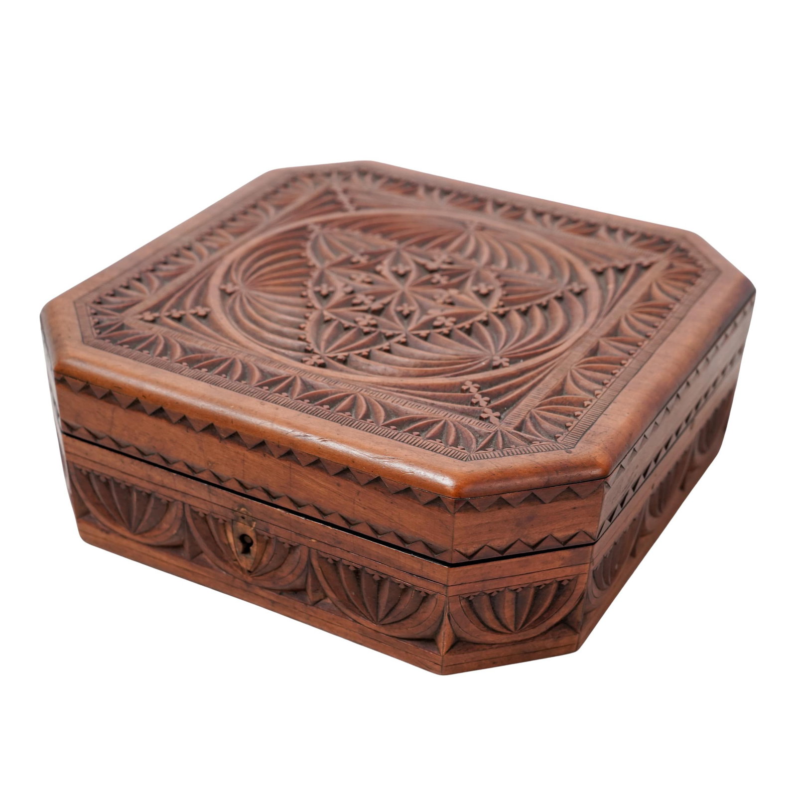 19th Cent. Folk Art Chip Carved Wooden Box (1 of 7)