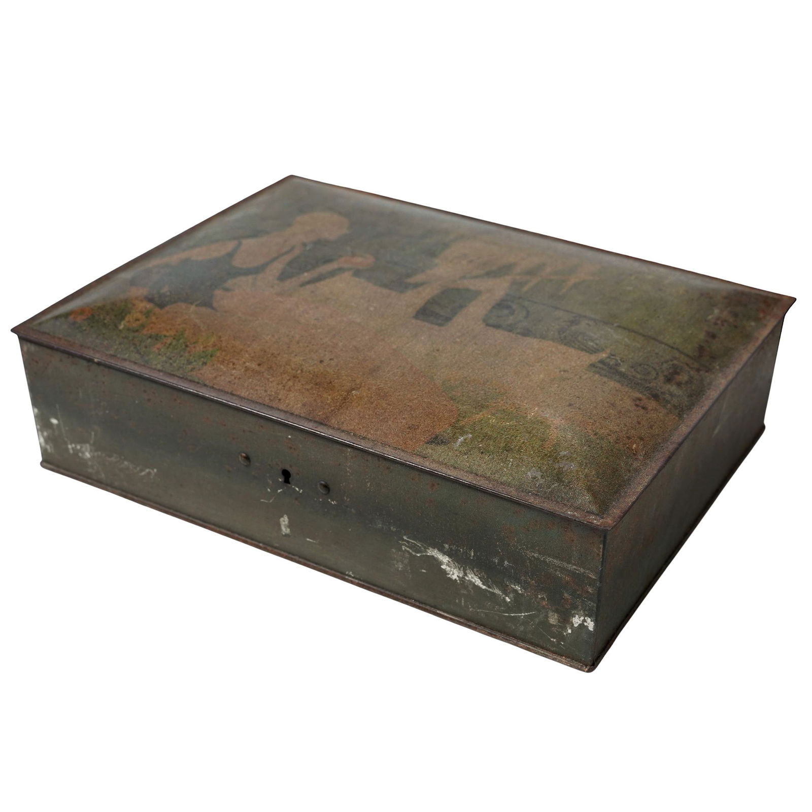 Art Deco Lithography on Tin Cigar Box: Art Deco Lithography on Tin Cigar Boxcirca 1920s-1930sAn Art Deco lithography on tin cigar box featuring a faded depiction of a woman with two goats. Inside is a gold tone with a floral etching on lid