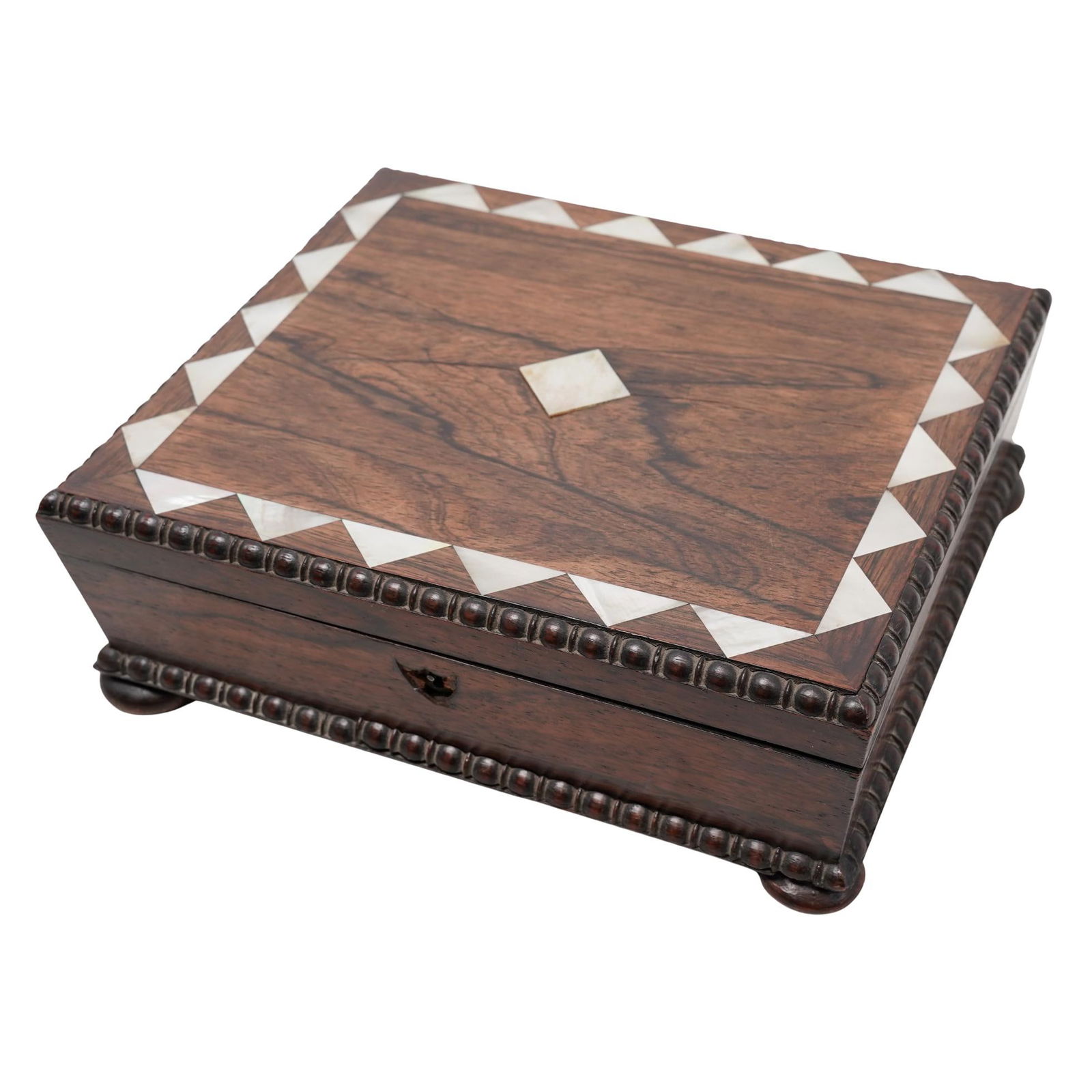 Vintage Wooden MOP Inlay Trinket Box: Vintage Wooden MOP Inlay Trinket BoxMid 20th Cent., SpanishA vintage Spanish marquetry box featuring a complex mosaic pattern created by inlaying different woods and mother-of-pearl. The interior feat