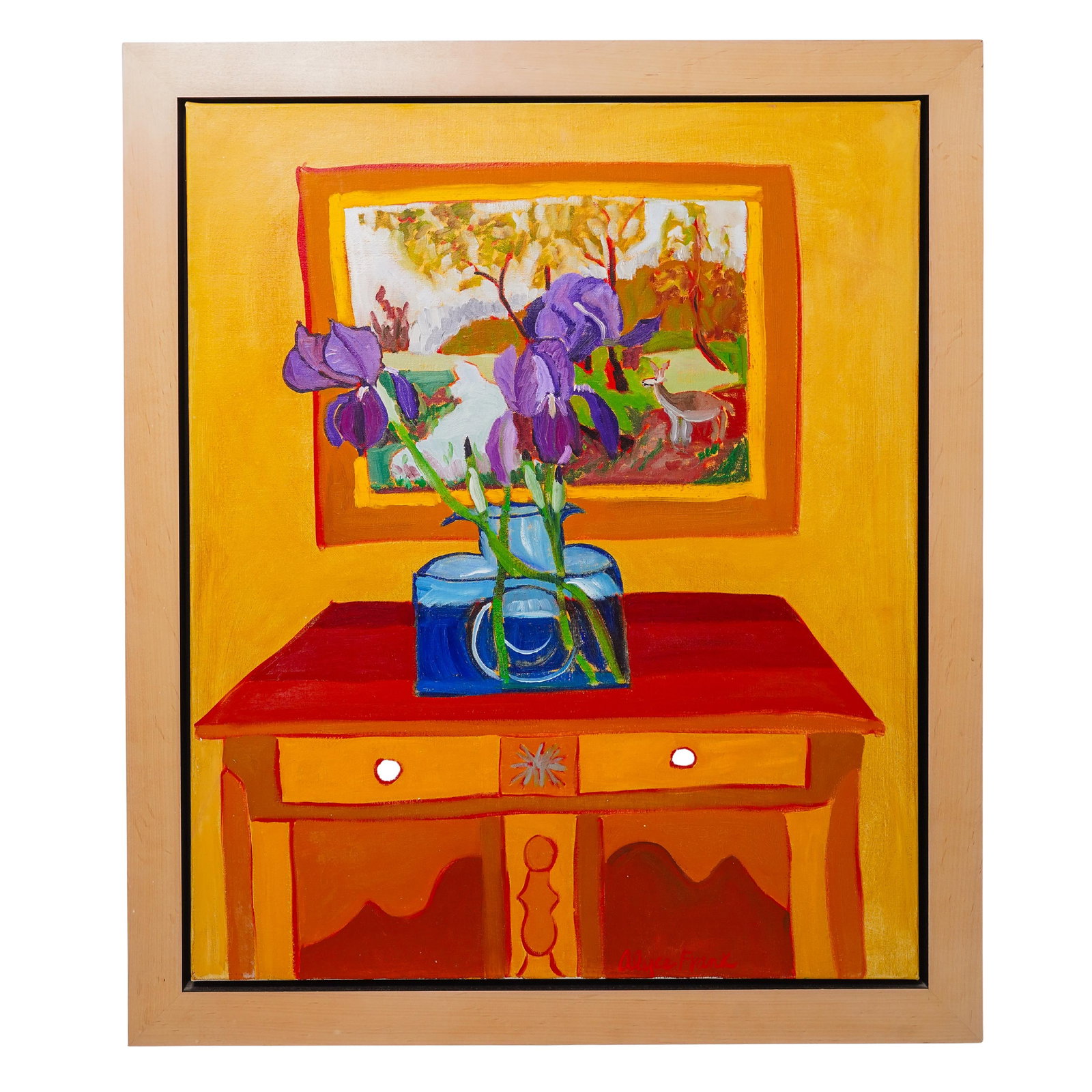Alyce Frank (1932-2024, USA) "Irises" Oil on Linen Painting: Alyce Frank (1932-2024, USA) "Irises" Oil on Linen Painting20th-21st century, AmericanAn Alyce Frank (b. 1932 d. 2024, American) oil on linen painting titled "Irises with my Grandmother Painting". Sig