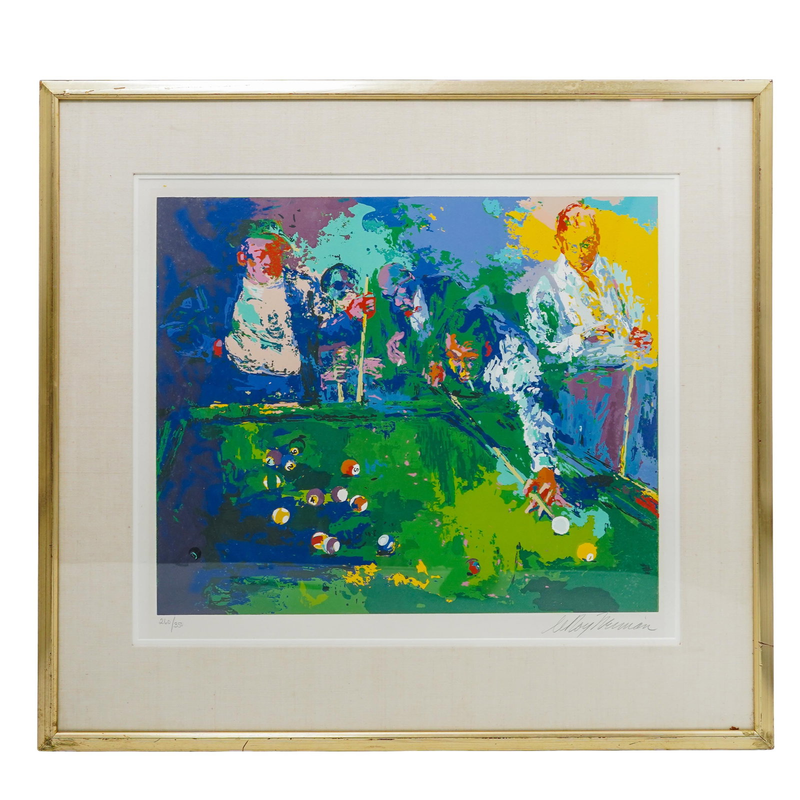 LeRoy Neiman (American, 1921-2012) "Pool Room" Lithograph: LeRoy Neiman (American, 1921-2012) "Pool Room" Lithograph1971, USALimited edition serigraph numbered 260/350 in the bottom left and hand signed by the artist in the bottom right. It is housed in a gol