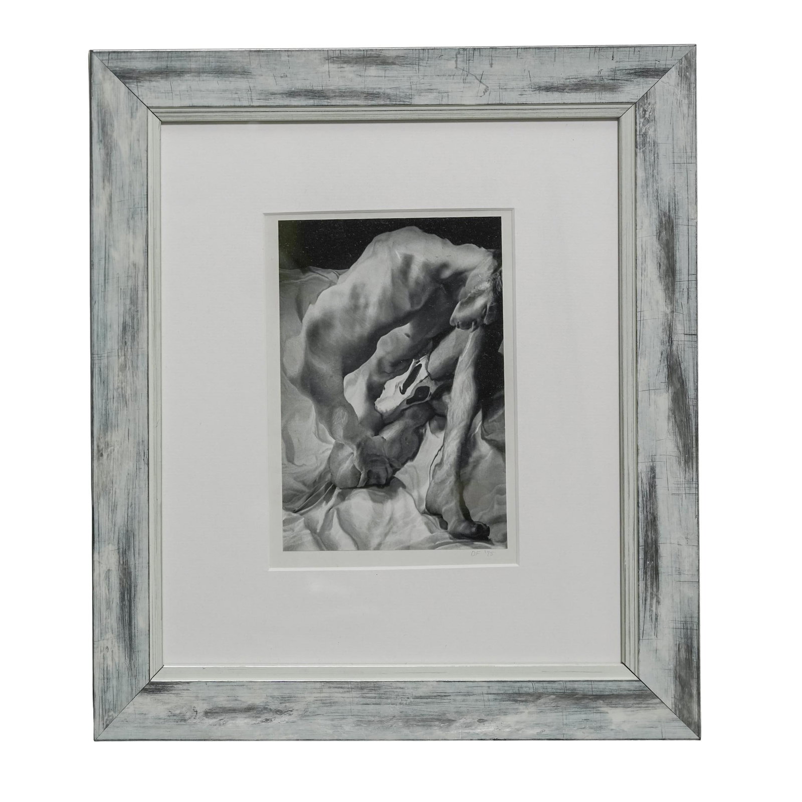 Signed "DF" Abstract Figural Duotone Screen Print: Signed "DF" Abstract Figural Duotone Screen Print1975A abstract figural duotone screen print signed in bottom right corner "DF" and dated 1975. Black wooden frame with a white paint brushed finish.Fra