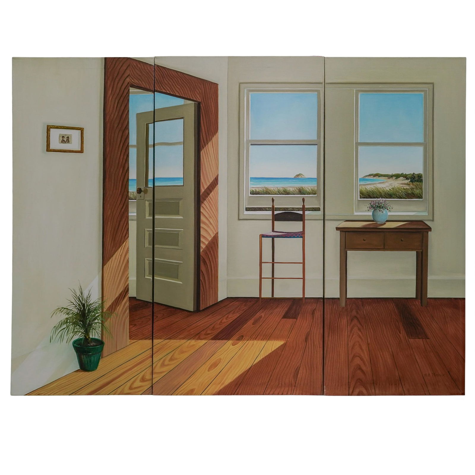 H.B.Patrick Triptych Oil On Canvas Painting: H.B.Patrick Triptych Oil On Canvas Painting21st Cent. ChinaA three-panel triptych depicting an interior room with shiny wood floors and light-colored walls. Signed "H.B.Patrick" to the lower right and