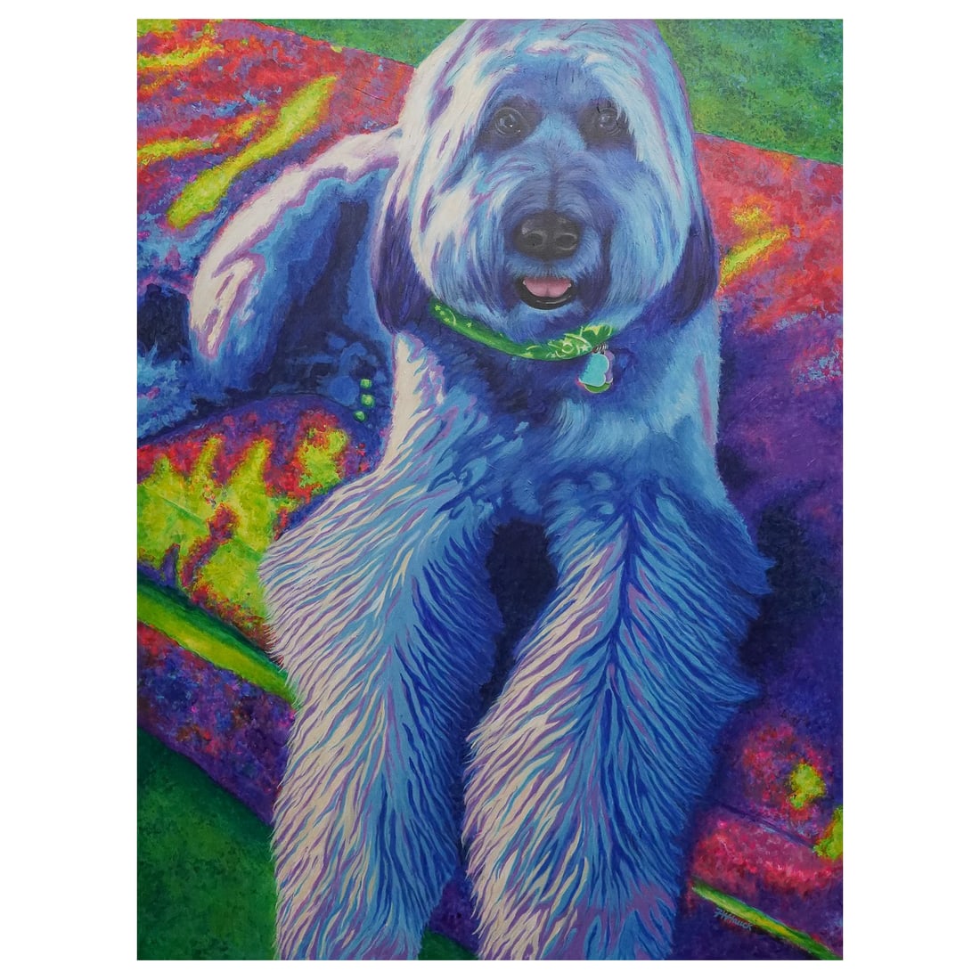 (2 pcs) Canine Portraits: (2 pcs) Canine PortraitsLate 20th-early 21st century, AmericanA set of two canine portraits.(1) Bright abstract canine portrait signed in bottom "A Hauck", likely for contemporary American artist Aaro