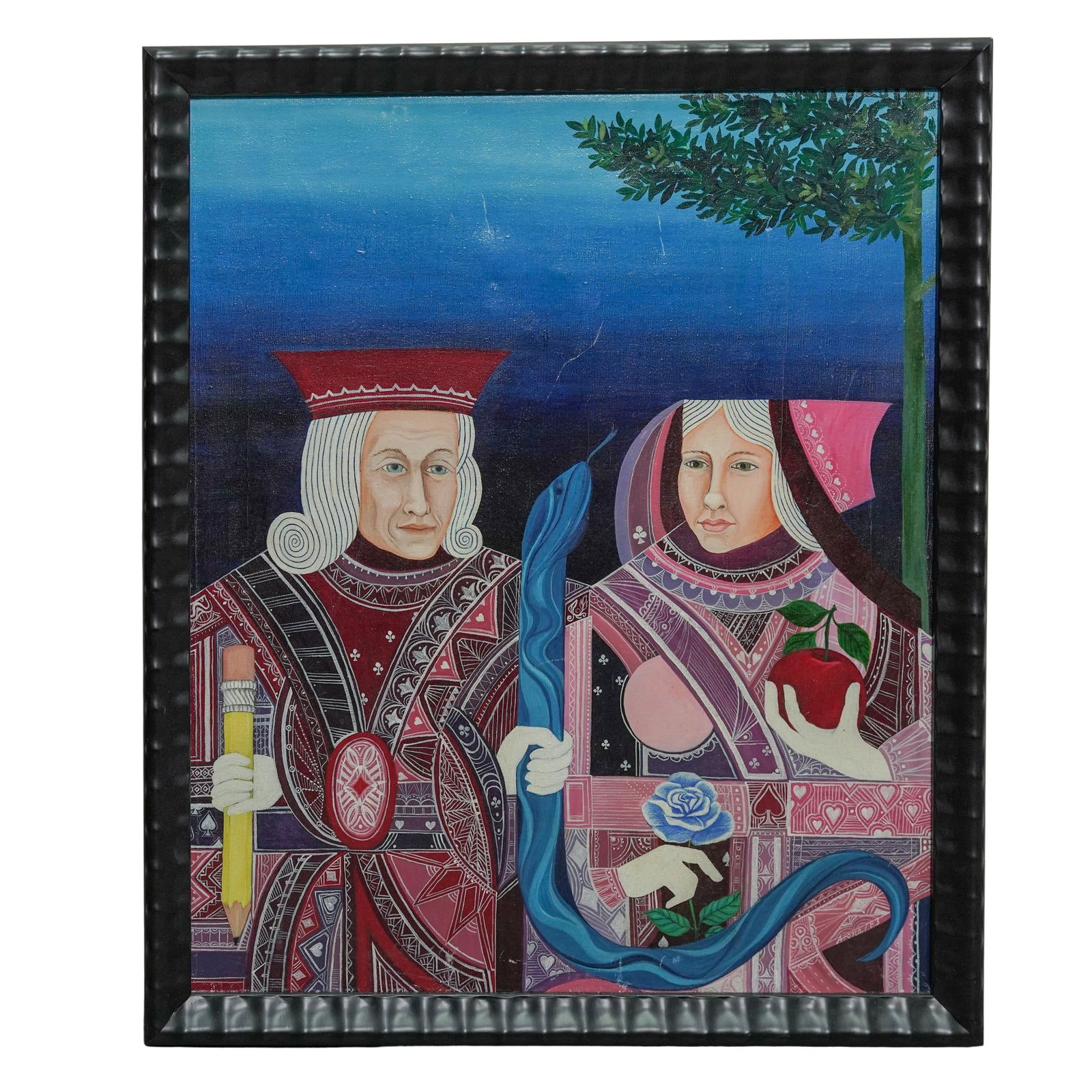 Aroma "Adam and Eve" Oil Painting: Aroma "Adam and Eve" Oil PaintingLate 20th c.Oil on canvas folk-style painting depicting a king and queen from a deck of cards as Adam and Eve. The King is holding a pencil and gripping a blue snake,