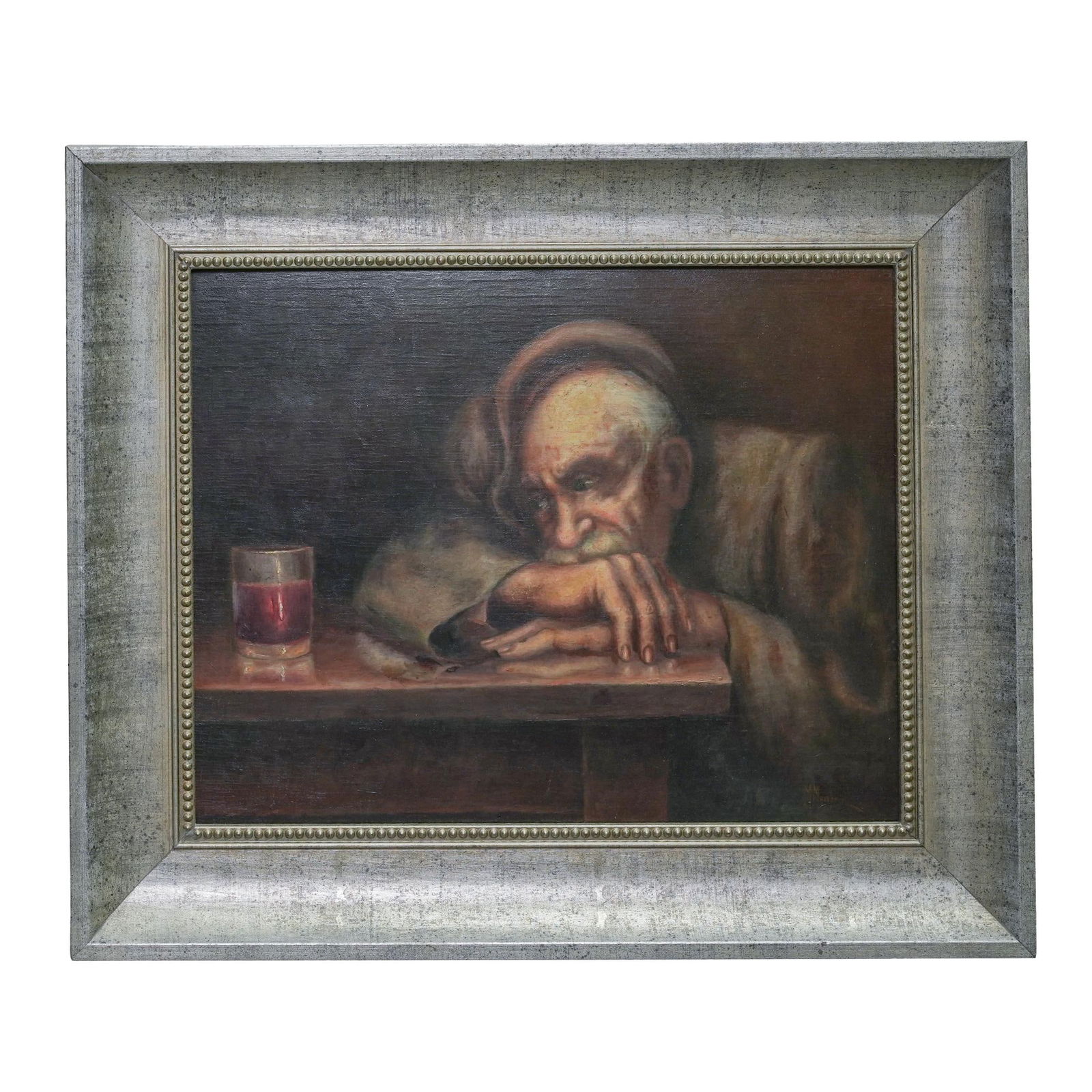 M. Mazzoni Oil On Board Painting: M. Mazzoni Oil On Board Painting20th Cent., ArgentinaThe painting depicts an elderly, sad man seated at a dark wooden table. His posture suggests weariness or contemplation, with his head resting on h