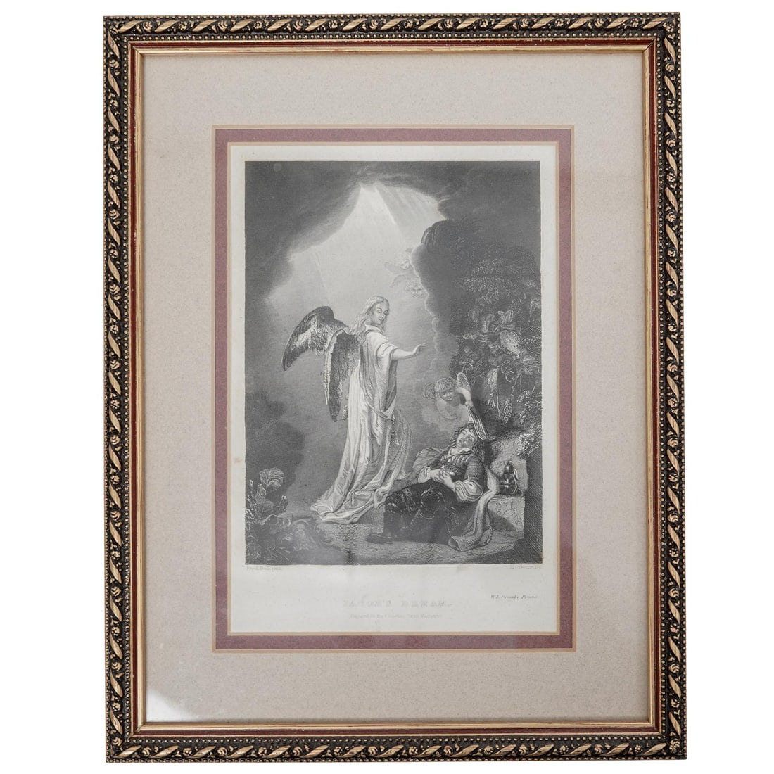 Antique "Jacob's Dream" Print Steel Engraving: Antique "Jacob's Dream" Print Steel Engraving19th century, EuropeanFramed Print titled "Jacob's Dream" It is a steel Engraving made by A.H. Payne, based on the original painting by the Dutch artist Fe