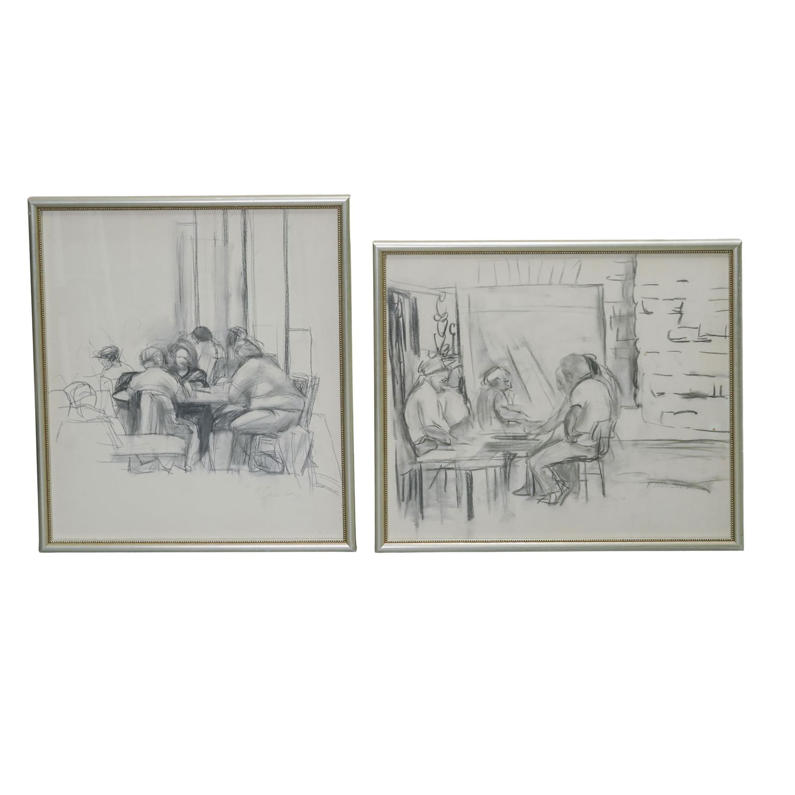 (2 Pc) R. Eisenberg Figurative Charcoal Drawings on Paper: (2 Pc) R. Eisenberg Figurative Charcoal Drawings on Paper1985, USAThe artworks depicts a live-sketches of a group of people at the table. The style is expressive and gestural, typical of quick sketche