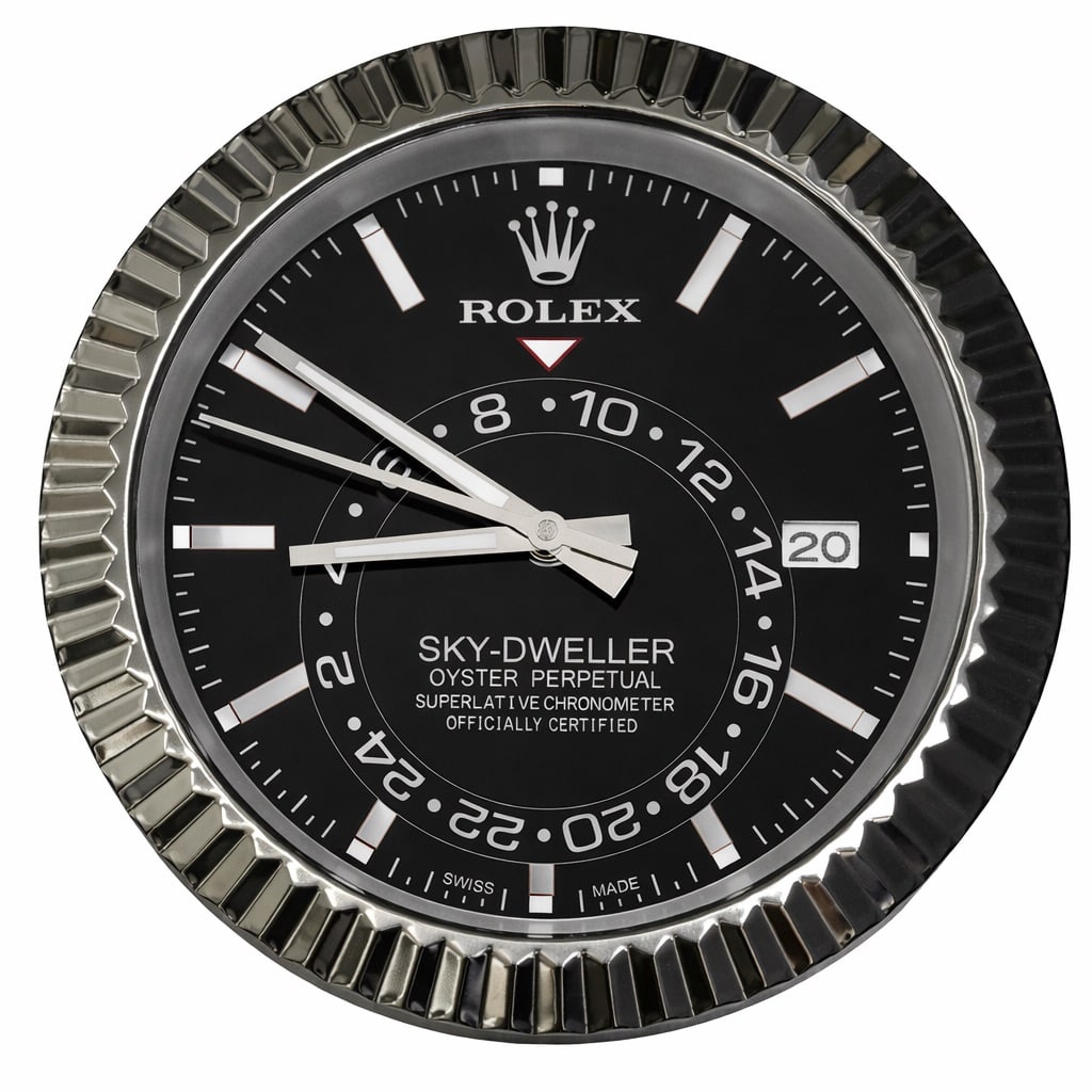 Rolex Style Dealer Display Sky Dweller Clock: Rolex Style Dealer Display Sky Dweller ClockLate 20th-early 21st century, SwissA Rolex style dealer display concessionary clock designed after the clockface of the Sky Dweller series. Marked on front
