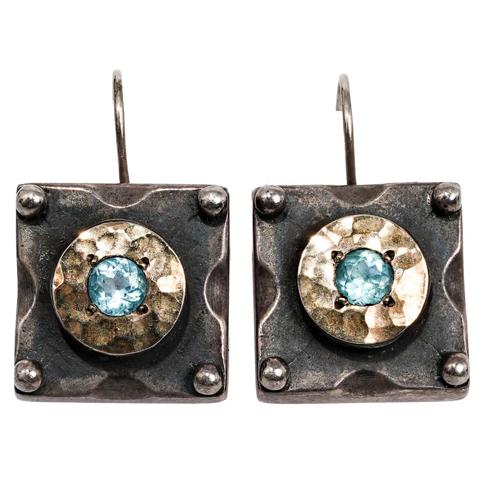 Vintage Brutalist Sterling Silver & Gold Blue Stone Earrings: Vintage Brutalist Sterling Silver & Gold Blue Stone EarringsCirca Mid 20th CenturyPair of vintage brutalist sterling silver earrings, square form with raised hammered gold circular detail at center, e