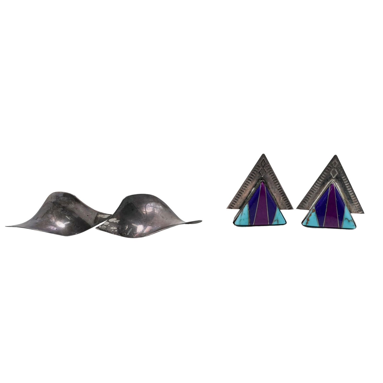 (4 Pc) Vintage Sterling Silver Earrings: (4 Pc) Vintage Sterling Silver Earrings Late 20th c., USA Modernist sterling silver twist earrings for pierced ears. They are stamped "STERLING" on the backs. Sunwest Silver Co. sterling silver