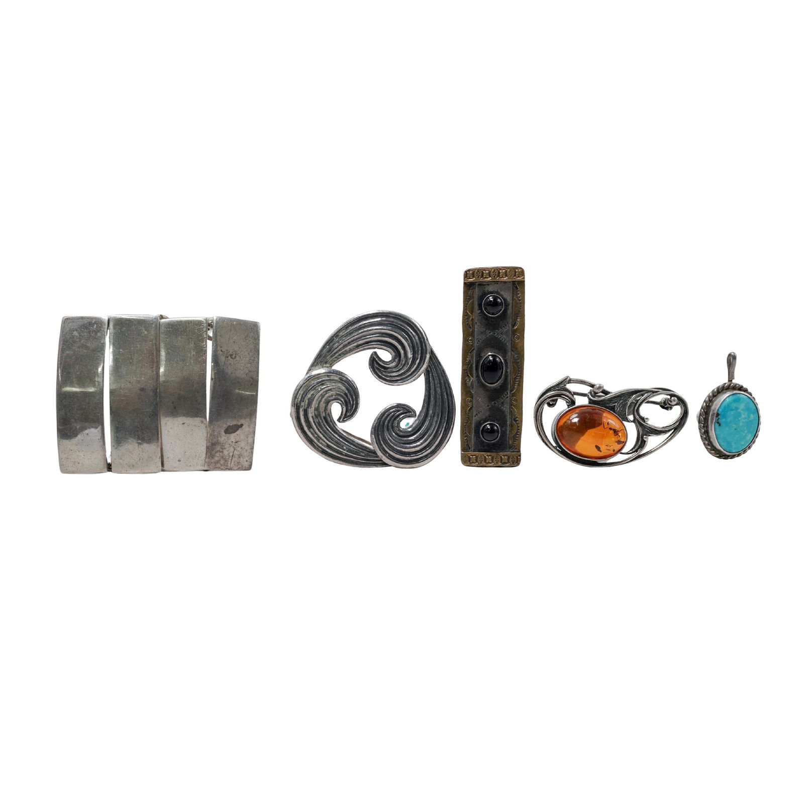 (5 Pc) Sterling Silver and Gemstone Pins & Pendants: (5 Pc) Sterling Silver and Gemstone Pins & PendantsLate 20th c.(1) Two-tone mixed metal brooch inlaid with gemstone cabochons. It is stamped with a DL and three-diamond hallmark on the back.(1) Artisa