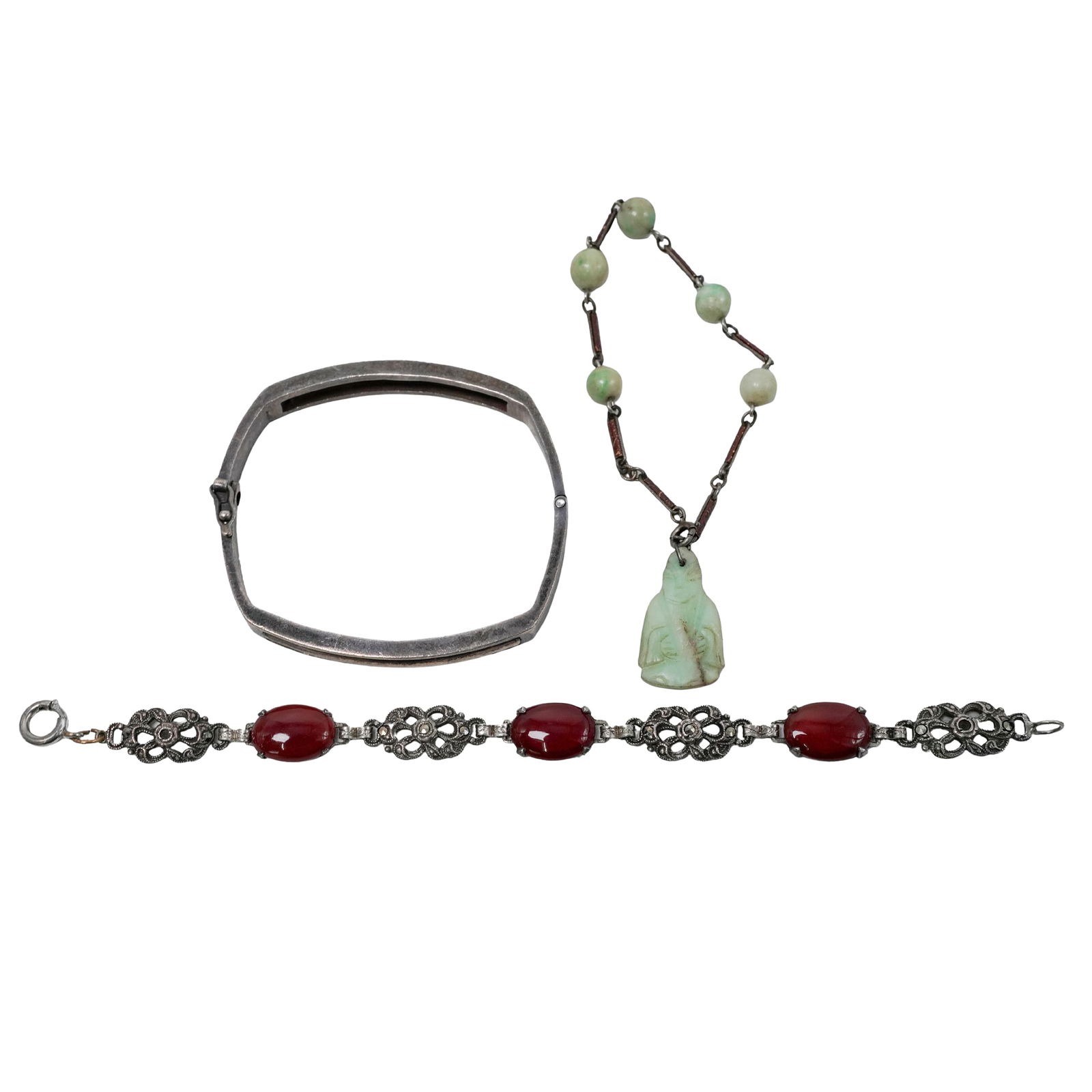 (3 Pc) Vintage Sterling Silver Bracelets: (3 Pc) Vintage Sterling Silver BraceletsMid 20th c.Sterling silver link bracelet set with marcasites and carnelian cabochons. Some of the links are stamped "STERLING" on the backs.Sterling silver enam