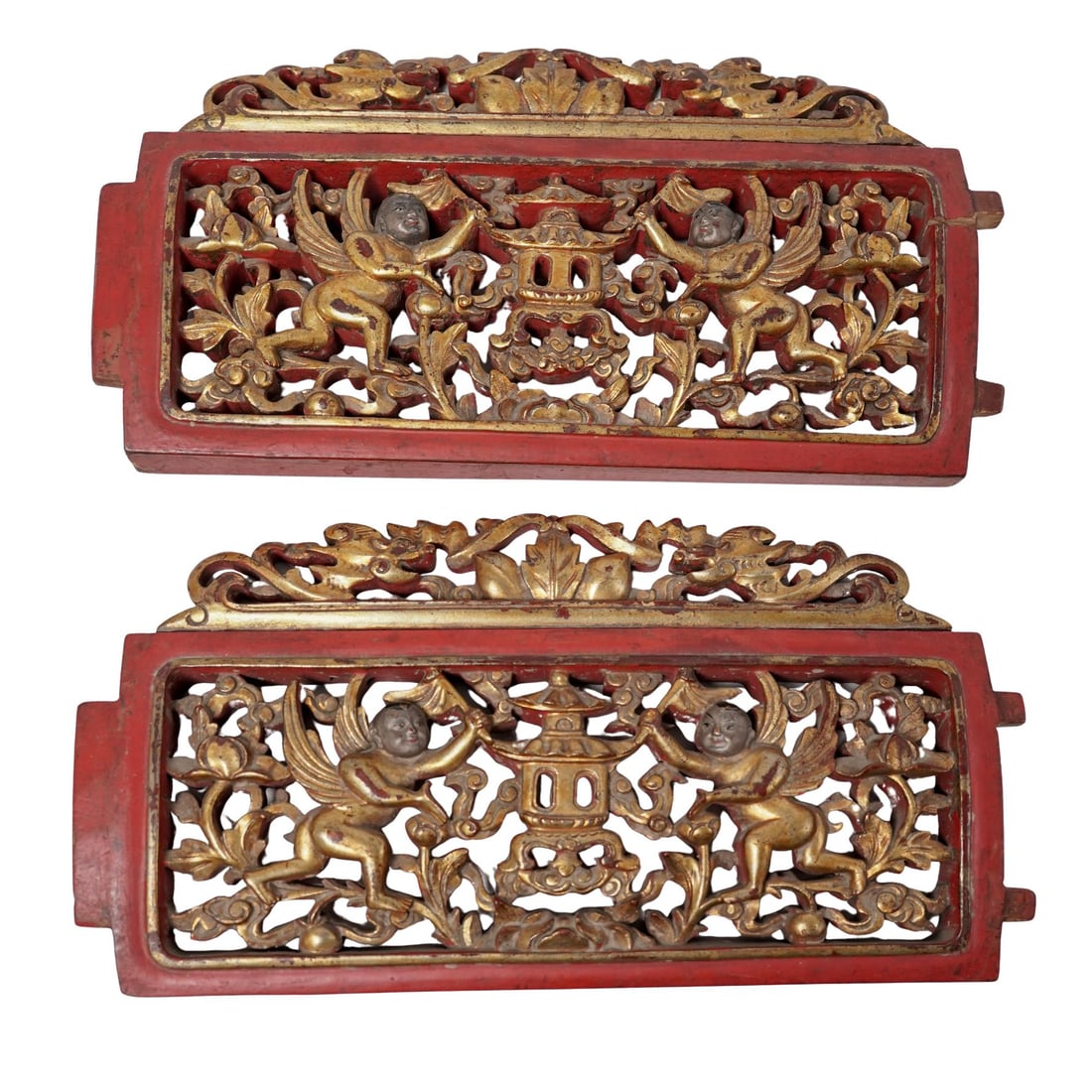 Pair of Chinese Qing Dynasty Wooden Screens: Pair of Chinese Qing Dynasty Wooden ScreensLate 19th-early 20th century, ChinesePair of antique Chinese hand-carved wood panels, from the late Qing Dynasty era. Lacquered in a red and heavily gilded,