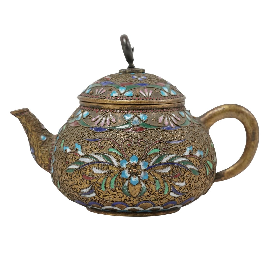 Antique Chinese Cloisonné Enamel Teapot: Antique Chinese Cloisonné Enamel TeapotEarly 20th century, ChineseThis piece features a rich, gold-tone base metal body decorated with multi-color enamel, floral and foliage patterns. The lid has rou