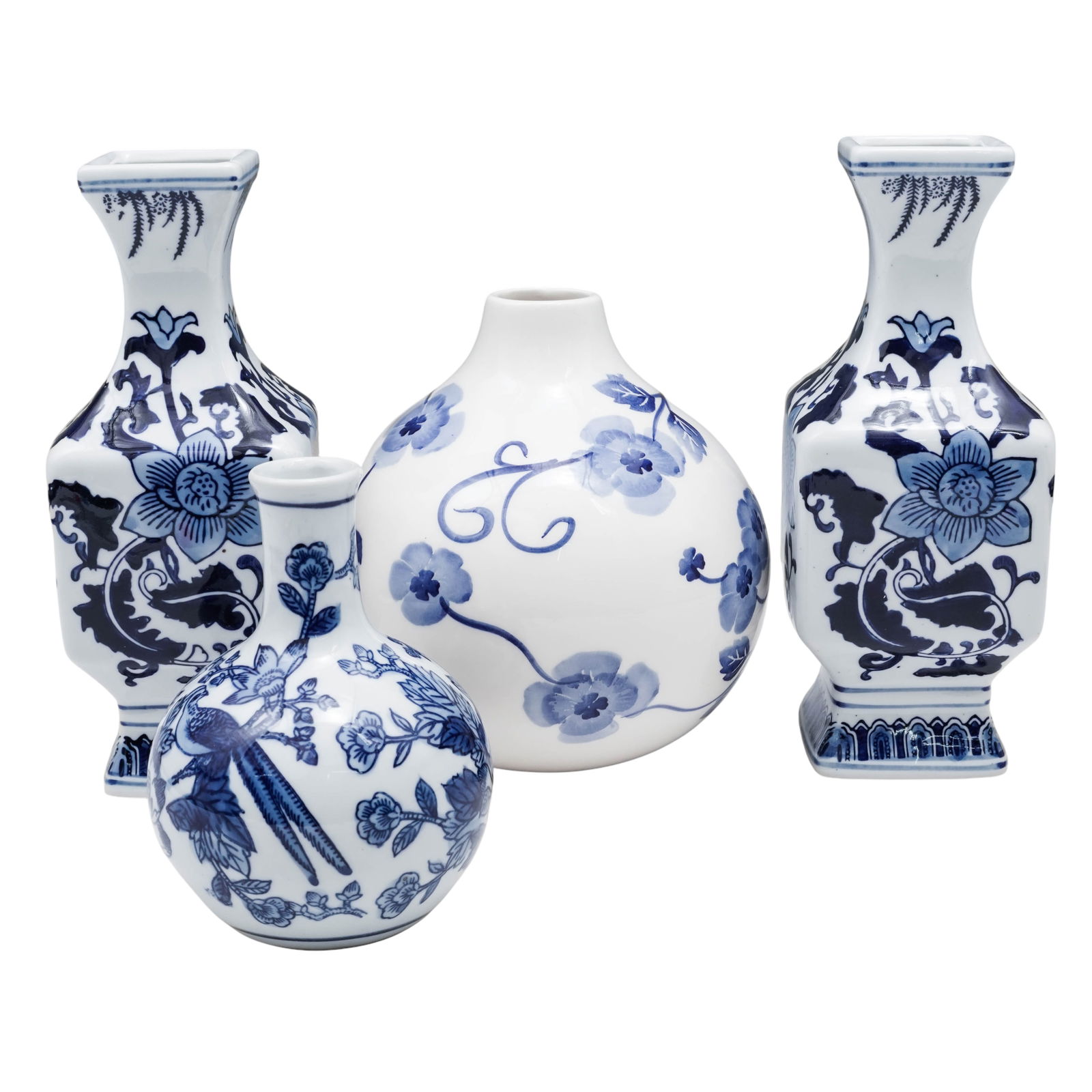 (4pc) Chinese Cobalt Blue And White Porcelain Group: (4pc) Chinese Cobalt Blue And White Porcelain Group20th Cent., ChineseFour Chinoiserie cobalt blue and white porcelain group including, two examples featuring a baluster form with a square body, taper