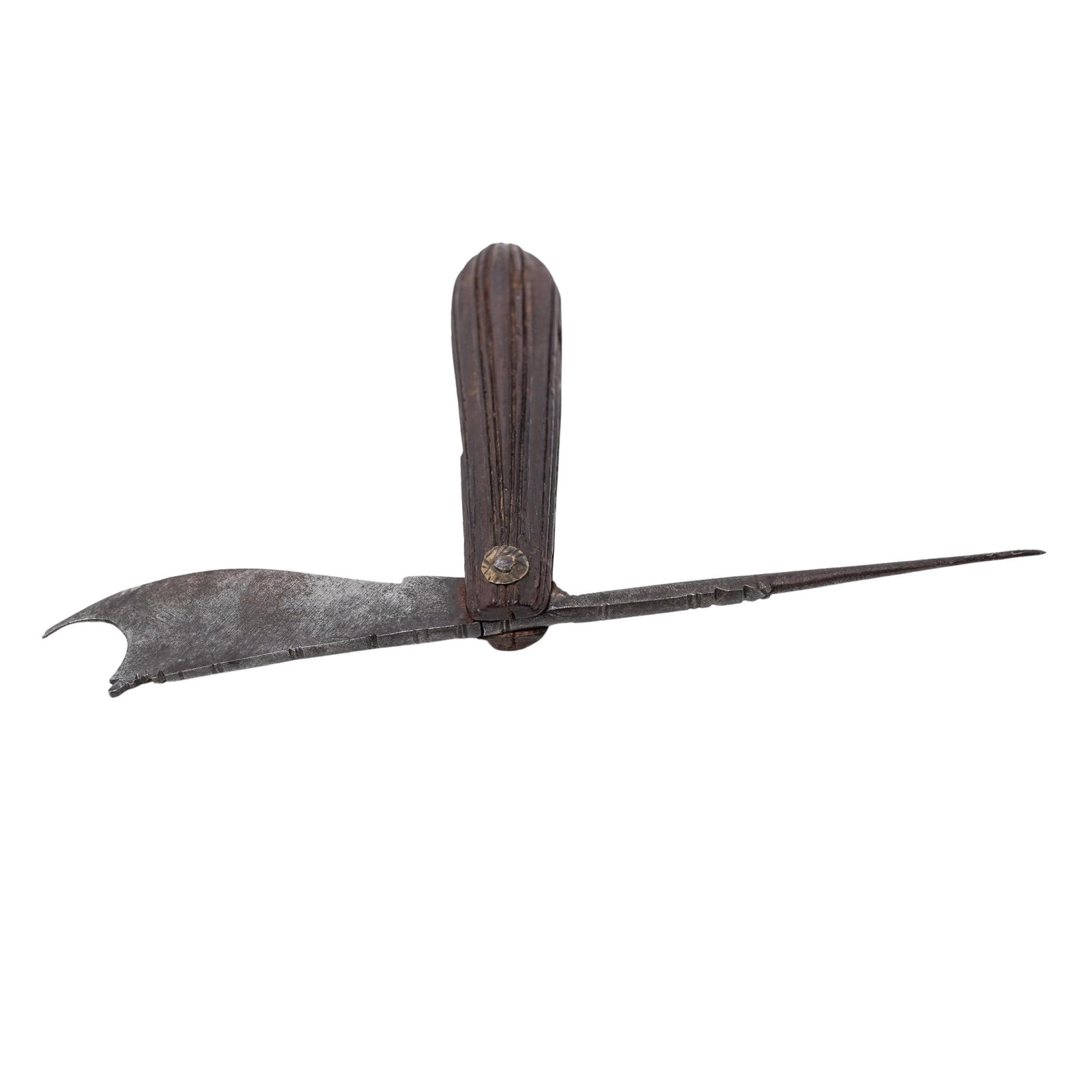 Antique Chettiar Palm Leaf Bookkeeper’s Knife: Antique Chettiar Palm Leaf Bookkeeper’s KnifeMid 19th c., IndiaAntique hand-crafted tool featuring a steel, hinge-jointed stylus with a uniquely shaped blade, both of which fold into a fluted wood h
