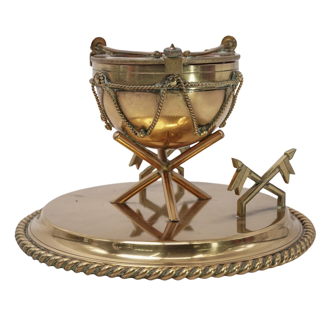 Vintage Hollywood Regency Ashtray: Vintage Hollywood Regency Ashtray Mid 20th Cent., India Brass ashtray, in Hollywood Regency style featuring a gimbaled nautical form. Finished in gold tone brass and signed on the insert liner. H: 4