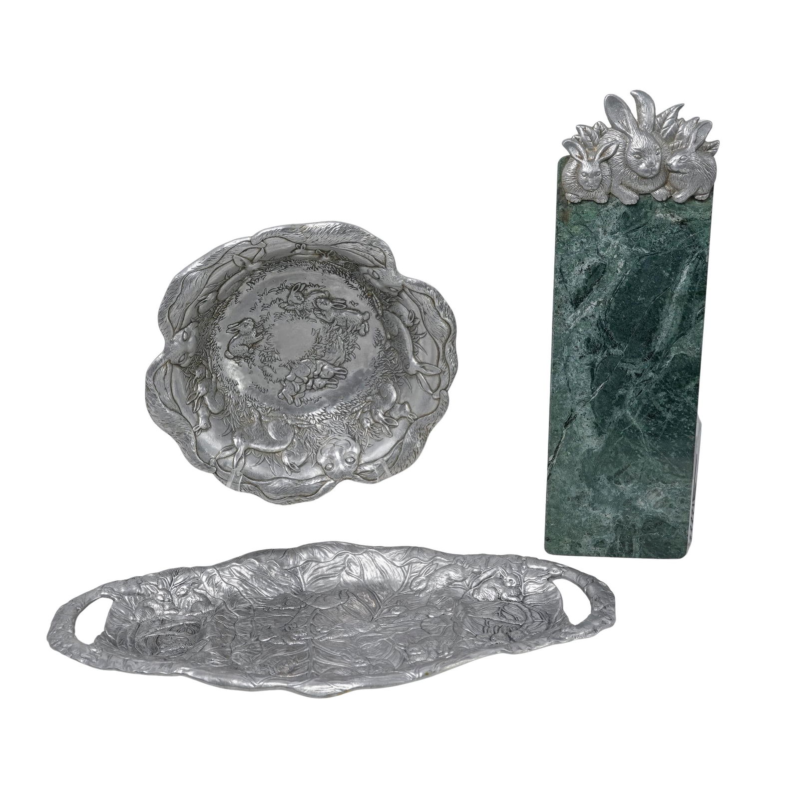 (3 pcs) Arthur Court "Bunny" Aluminum and Marble Serving Dishes: (3 pcs) Arthur Court "Bunny" Aluminum and Marble Serving Dishescirca 1990s, AmericanA set of two Arthur Court cast aluminum serving dishes, a platter and a bowl, in the "Bunny" pattern. Included also