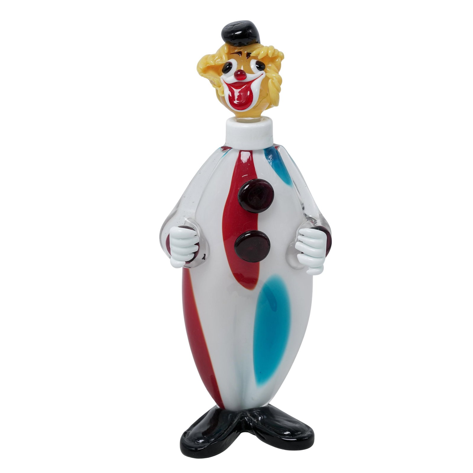 Vintage Murano Glass Clown Decanter: Vintage Murano Glass Clown Decanter20th century, ItalianA vintage Murano glass hand-blown clown decanter. Intact stopper.H 14" x L 5.5" x W 3.625"