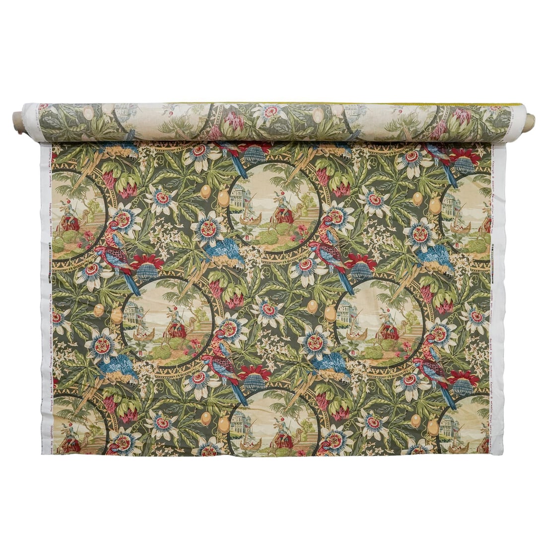 Mark Rochester "Legends Du Tropiques" Fabric Roll: Mark Rochester "Legends Du Tropiques" Fabric Roll1993Fabric roll designed by Mark Rochester, titled "Legends of the Tropiques" with designs of exotic cameos, palaces by the water, Prince riding on the
