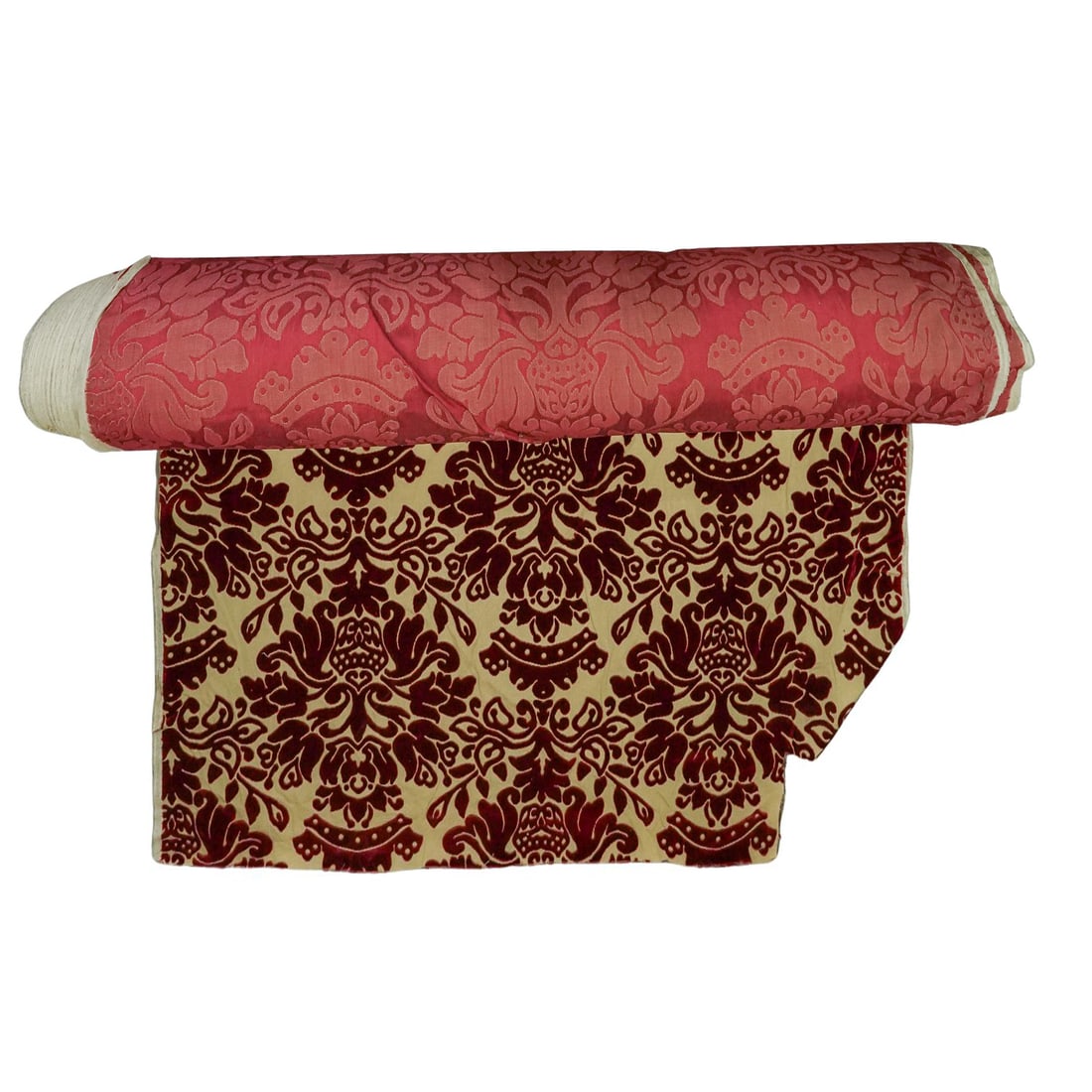 Large Designer Damask Fabric: Large Designer Damask FabricLarge designer Damask fabric roll, featuring a red damask design, woven with an allover scrolling floral and foliate pattern.As is.