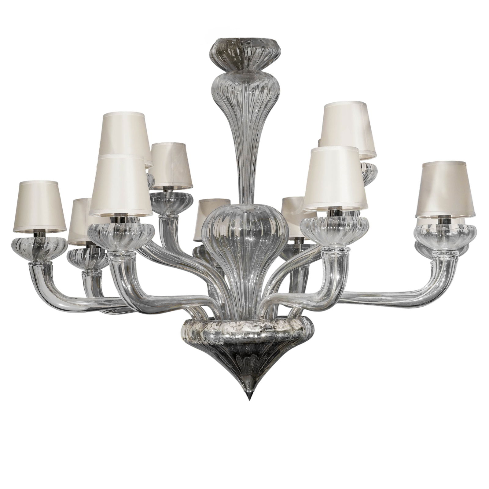 Fendi Casa Murano Glass Chandelier: Fendi Casa Murano chandelier features an elegant twelve-arm design executed in sculptural clear glass. Each gracefully curved arm extends from a polished chrome central mount, culminating in a flared