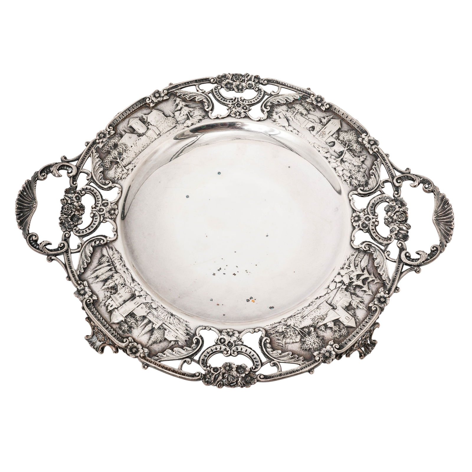 S. Kirk & Son Sterling Silver Repousse Oval Serving Platter: S. Kirk & Son Sterling Silver Repousse Oval Serving Platter19th Cent. USAThe large repousse platter features elaborate foliate scrolls, flowers and buildings around the rim in the Art Nouveau style.Th