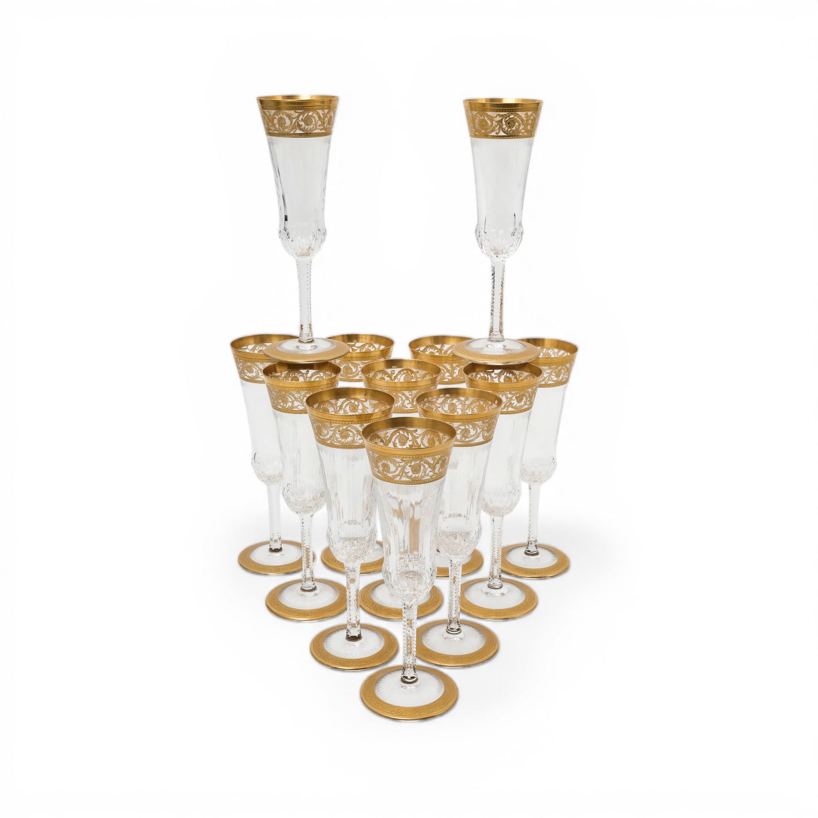 (12pc) St. Louis "Thistle" Crystal Champagne Flutes: (12pc) St. Louis "Thistle" Crystal Champagne Flutes Early to mid 20th Cent., French Saint-Louis crystal champagne flutes in the "Thistle" pattern. This pattern was originally introduced for the Nancy