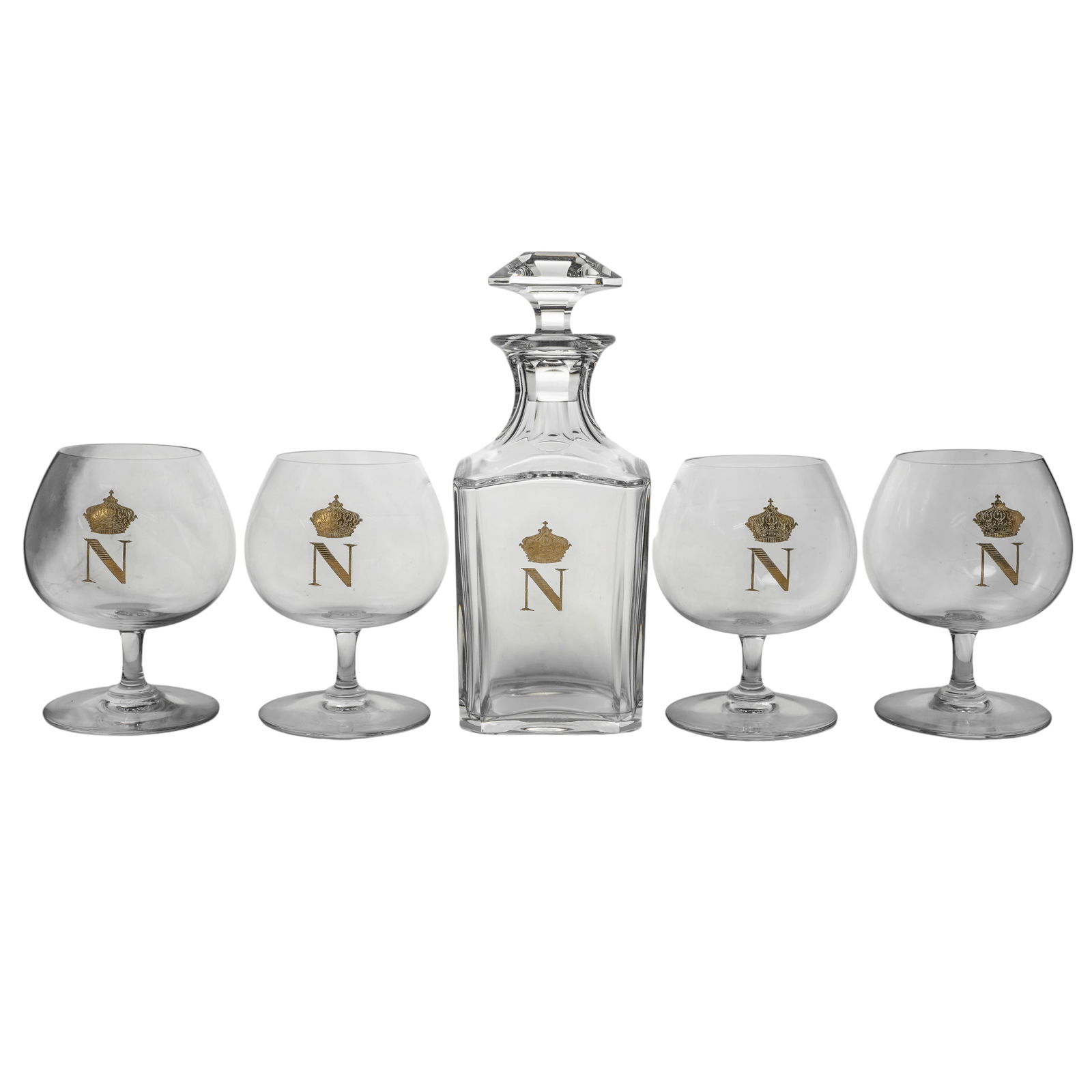 (5pc) Baccarat "Napoleon" Crystal Decanter & Snifter Set: (5pc) Baccarat "Napoleon" Crystal Decanter & Snifter Set Mid 20th Cent., French Baccarat "Napoleon" crystal decanter and snifter set, including a decanter with stopper and matching brandy snifter
