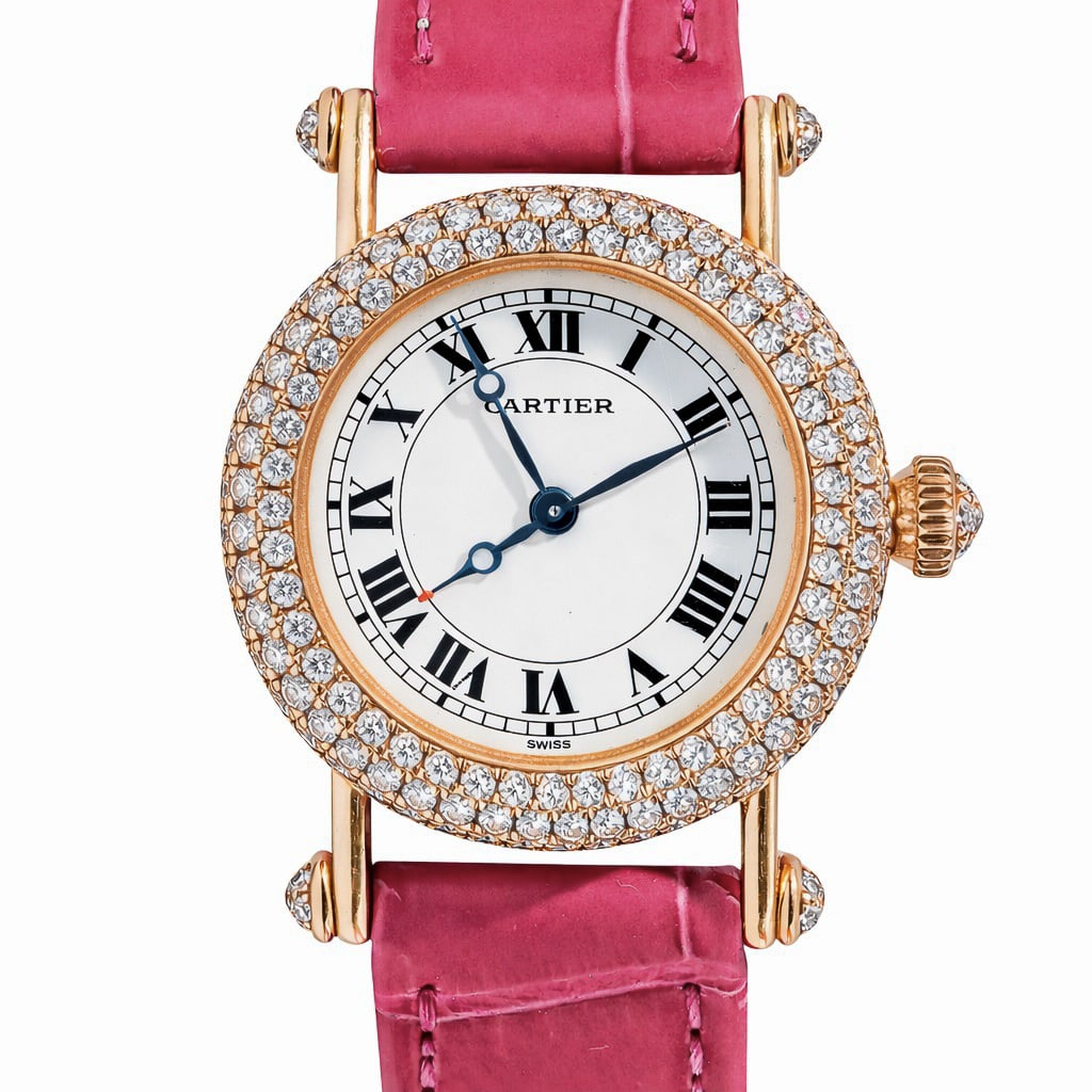 Cartier "Diabolo" 18k Gold & Diamond Quartz Ladies Watch REF#1450: Cartier "Diabolo" 18k Gold & Diamond Quartz Ladies Watch REF#14501990s, SwissCartier 18k yellow gold Diabolo wristwatch with white dial, black Roman numerals, blued-steel hands, and diamond-set domed