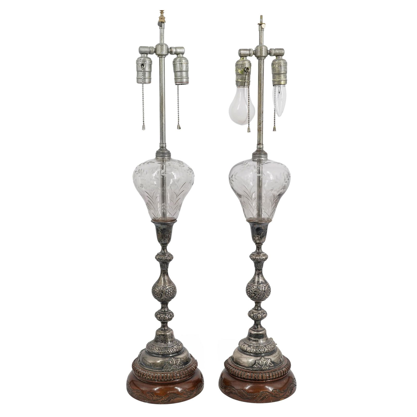 Pair of Russian 84 Silver & Crystal Table Lamps: Pair of Russian 84 Silver & Crystal Table Lamps19th century, RussianLarge pair of Russian 84 Silver and crystal table lamps on wooden bases, stamped 84 with Kokoshnik hallmark and Shkarlat (in Russian