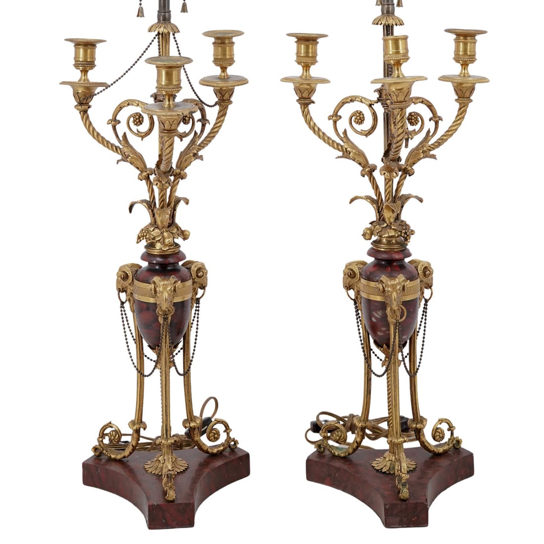 Pair of French Rouge Marble & Gilt Bronze Candelabra Lamps (1 of 7)