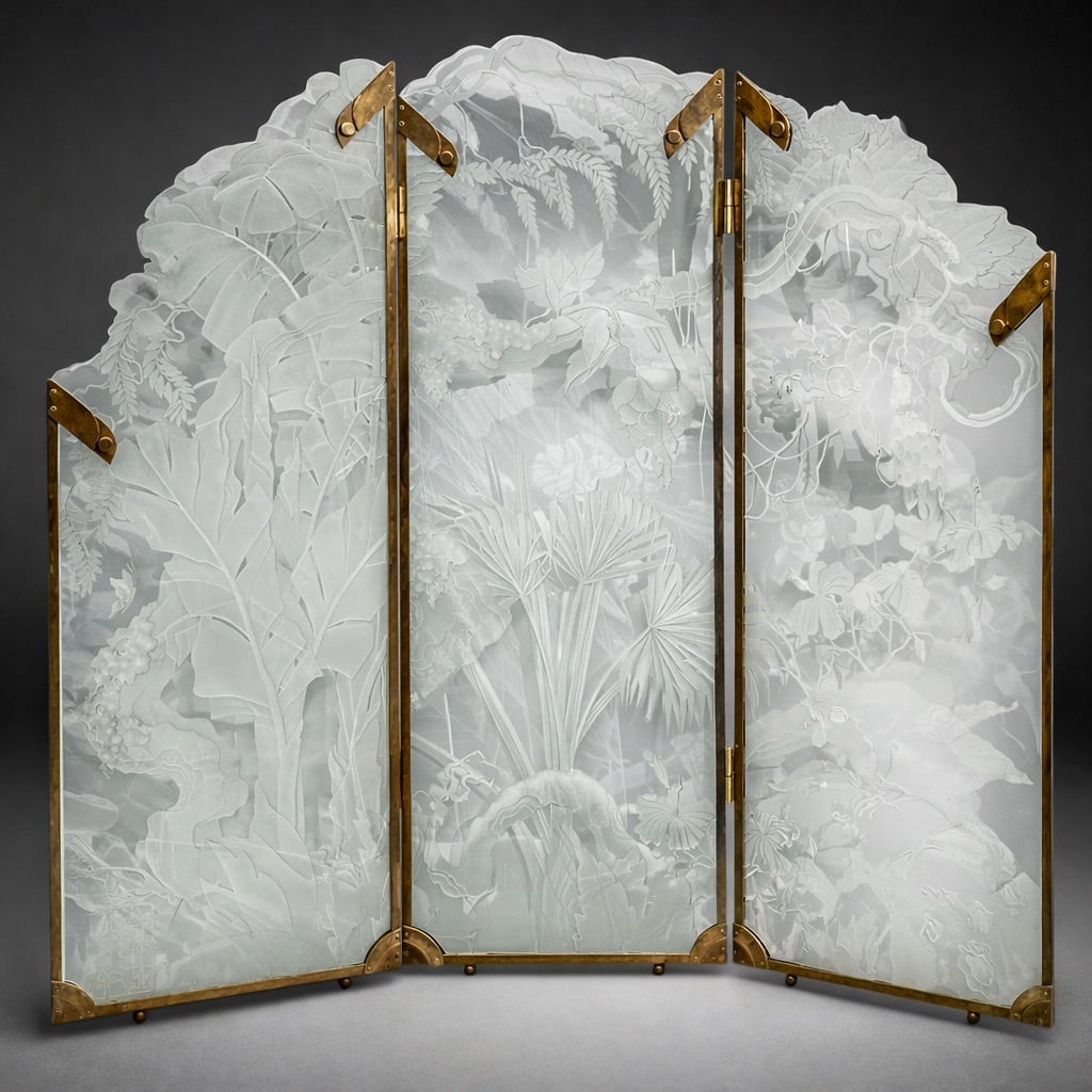 Dennis Abbe (American, B. 1941) Etched Glass Screen: Dennis Abbe (American, B. 1941) Etched Glass Screen USA, 1970s- 1980s Dennis Abbe (American, B. 1941) glass panels featuring etched frosted floral motifs throughout. Fitted along edges to gilt bronze