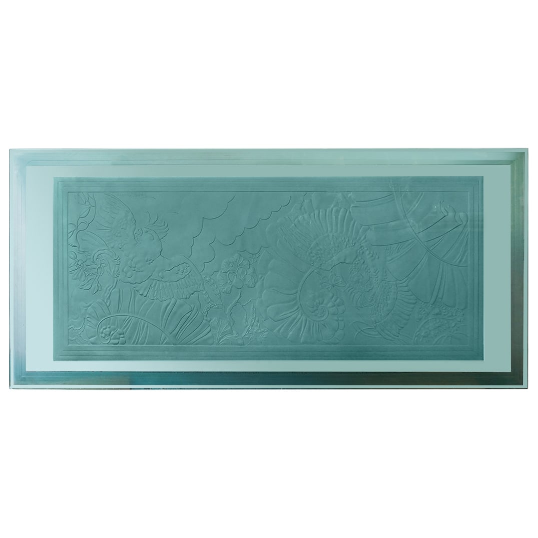 Dennis Abbe (American, B. 1941) Tropical Etched Glass Table Top: Dennis Abbe (American, B. 1941) Tropical Etched Glass Table Top 20th century, American A Dennis Abbe (American, born 1941) glass table top with etched tropical birds and foliage. Signed