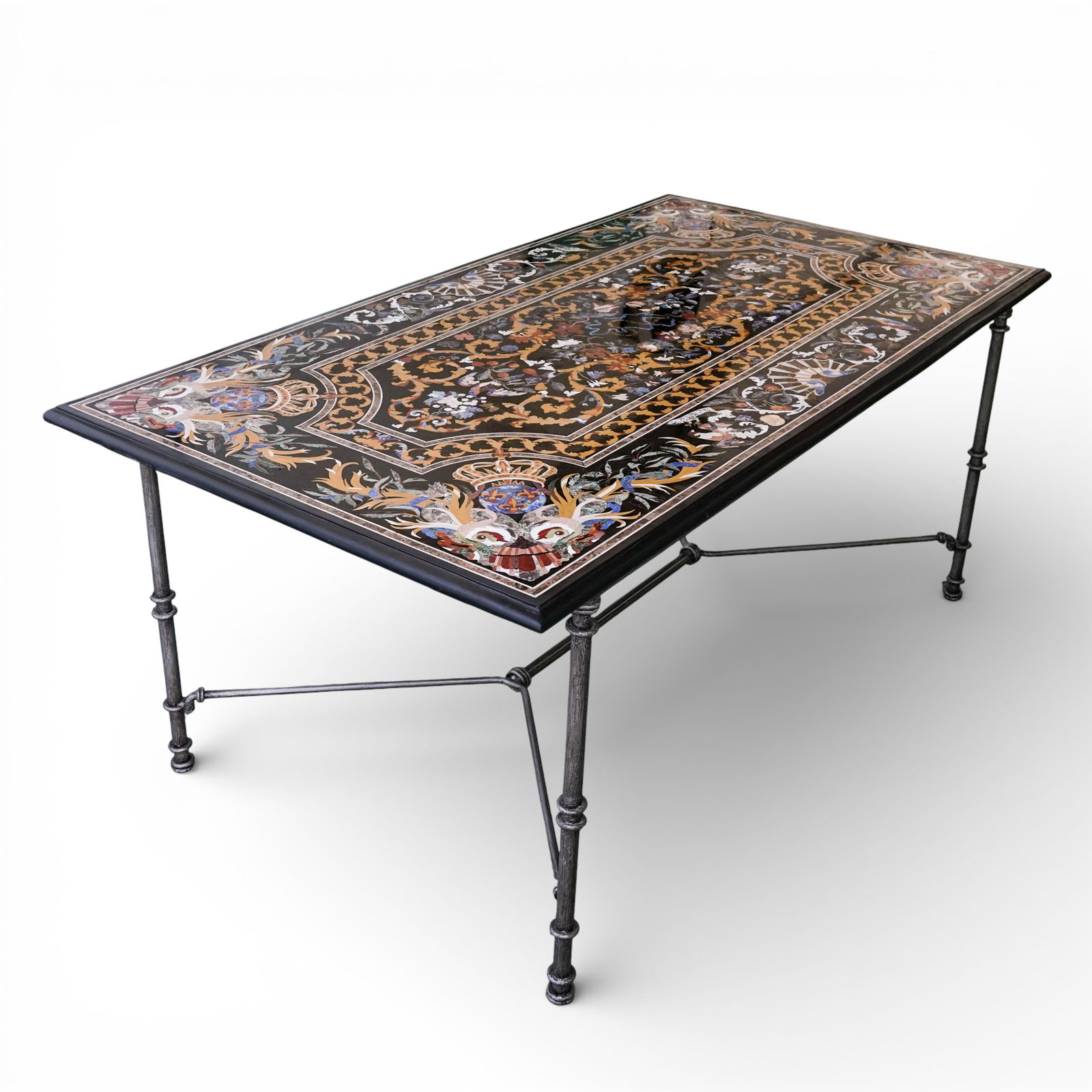 Fine Italian Pietra Dura Table: Fine Italian Pietra Dura Table Late 20th to early 21st century, Italian A fine Italian pietra dura dining table with mosaic stone and nacre inlay in floral and scroll work designs, the corners have