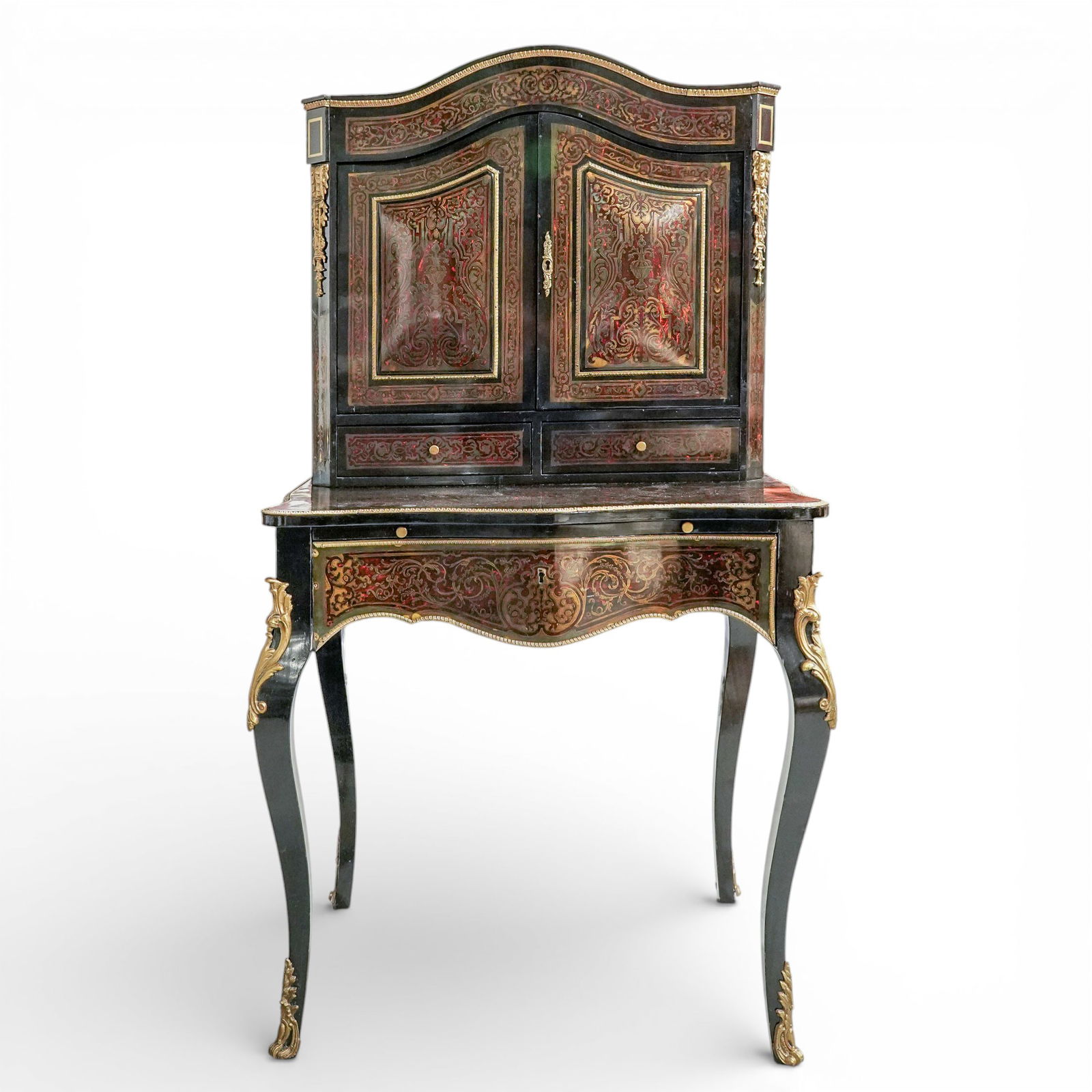 Antique Boulle Style Secretary Desk: Antique Boulle Style Secretary Desk Early 20th Cent. The case is ebonized wood with serpentine lines and cabriole legs, decorated throughout with marquetry in scrolling foliate patterns set into a