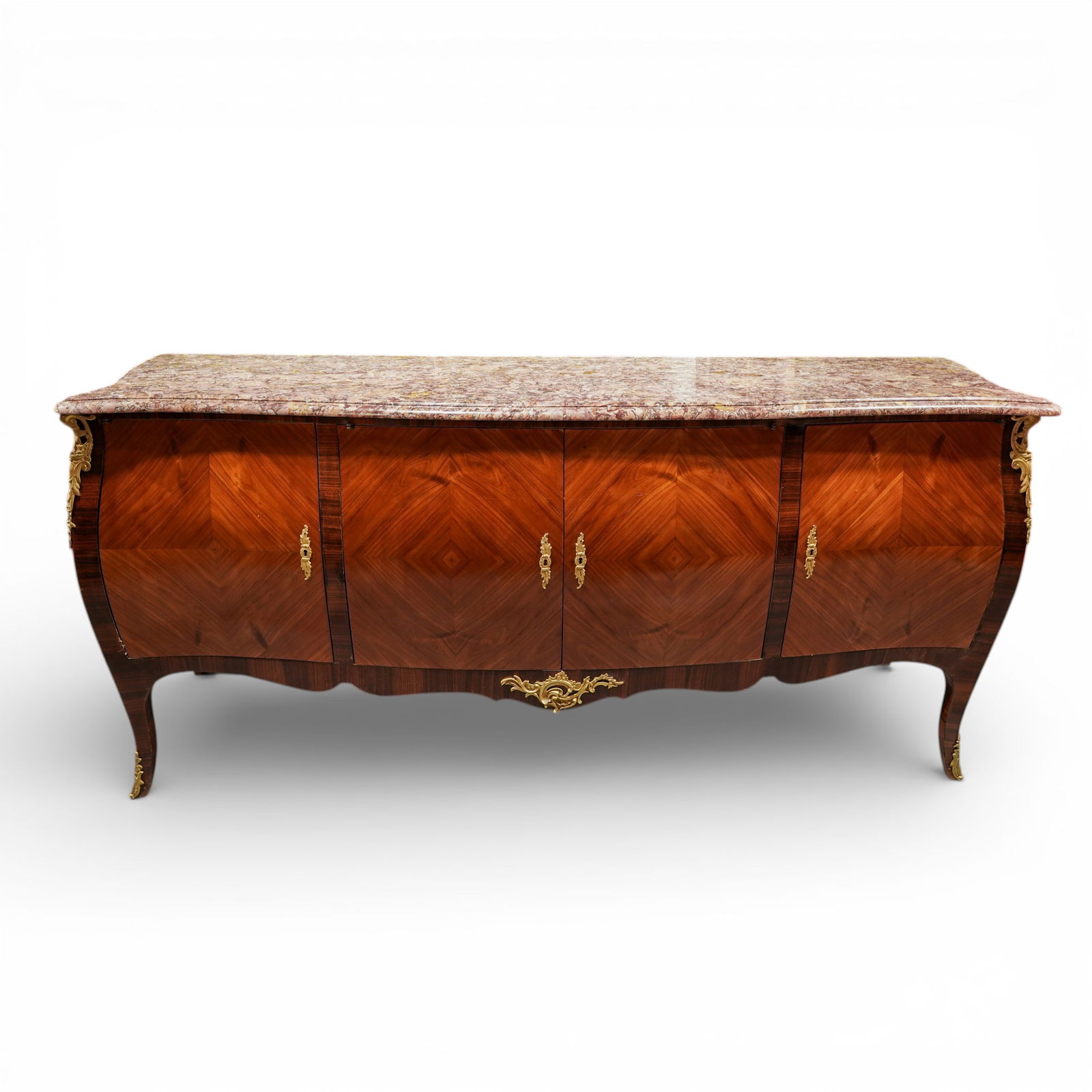 Amtique French Louis XV Style Sideboard: Amtique French Louis XV Style Sideboard Early 20th Cent., France The case is veneered hardwood, laid in bookmatched and chevron parquetry across the doors, with a gently serpentine front. It is