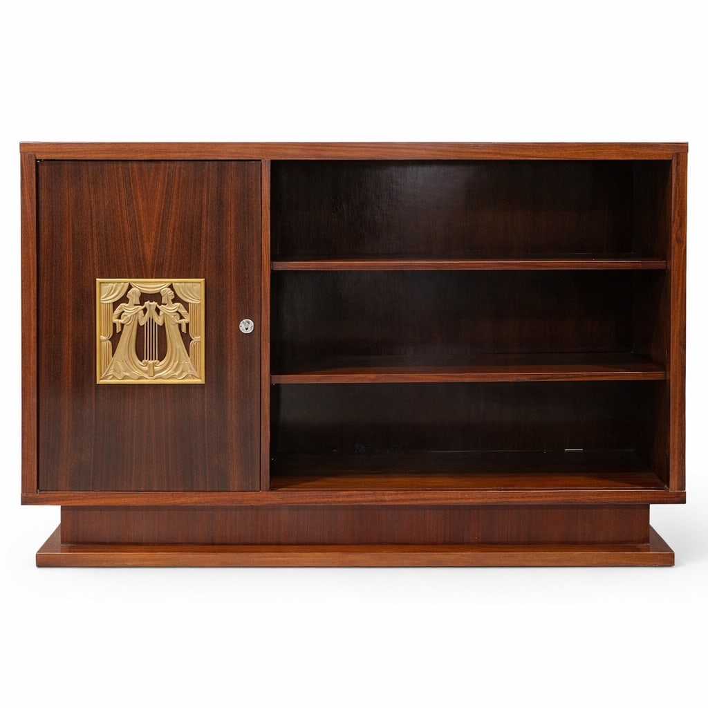 Art Deco French Veneered Wood Cabinet: Art Deco French Veneered Wood Cabinet Early 20th Cent. France This cabinet is veneered hardwood, with a rectangular, streamlined form. The interior consists of open shelving, while the left side