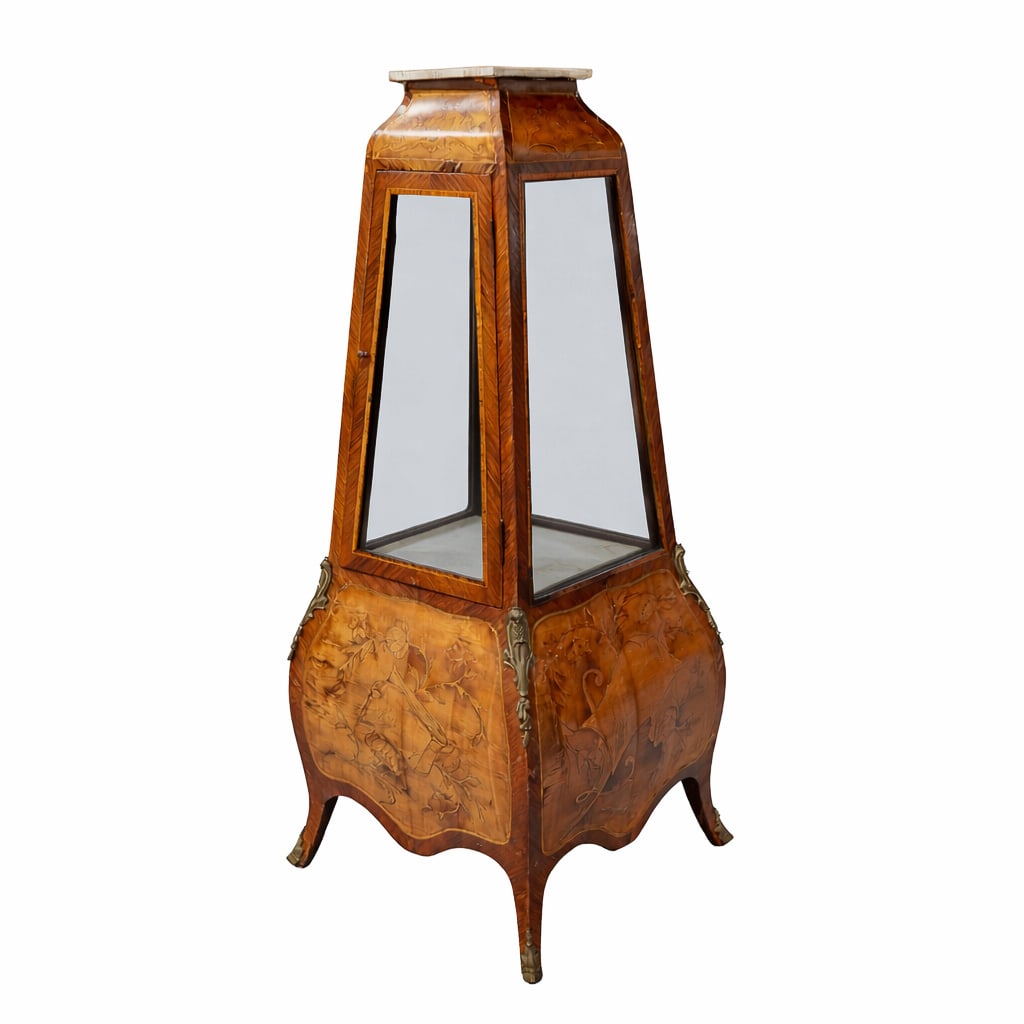 French Marquetry Light Display Pedestal Cabinet: French Marquetry Light Display Pedestal Cabinet Early 20th Cent. France The case is veneered wood with pictorial marquetry, depicting scrolling foliage and landscape motifs on the lower panels and