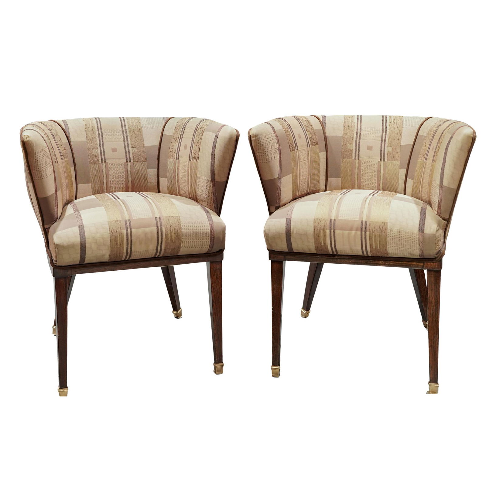 Pair Art Deco Arm Chairs: Pair Art Deco Arm Chairs Early 20th Cent. The chairs feature a low, tub-shaped form with a continuous curved back and arms, creating an enclosed seating profile. The chairs are fully upholstered in a