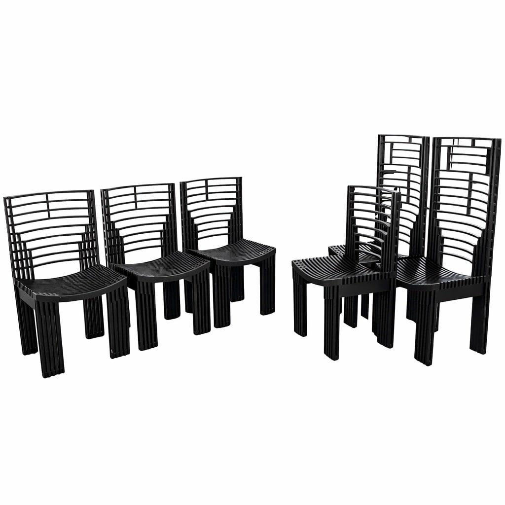 (6 Pc) Miguel Rodrigo Mazure Black Oak Bermont Chair: (6 Pc) Miguel Rodrigo Mazure Black Oak Bermont Chair 1980s, USA Miguel Rodrigo Mazure, Peru (1926-2014). Six 'Bermont' black lacquered oak chairs made by Peruvian designer Mazure for the house he